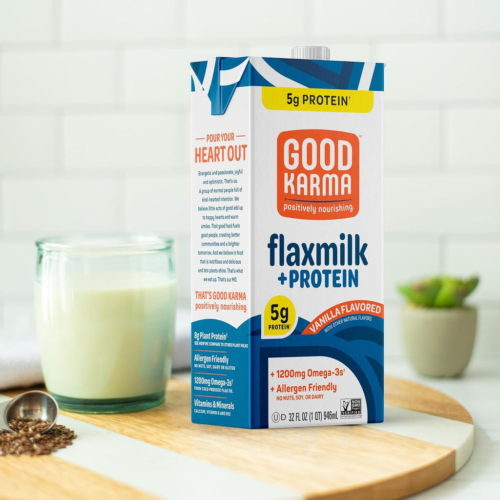 Good Karma Vanilla Flaxmilk +Protein, 32 Ounce (Pack of 6), 5g Plant Protein + 1200mg Omega-3 Per Serving, Plant-Based Non-Dairy Milk Alternative, Lactose Free, Nut Free, Vegan, Shelf Stable