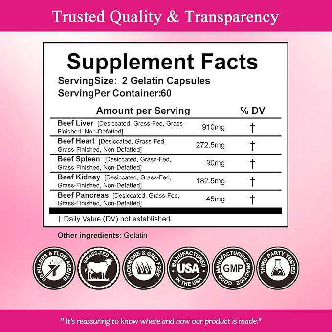 Rasav Beef Organ Supplement for Women - Supports Hormone Balance, Ferritin & Energy Levels - Grass-Fed Beef Liver, Kidney, Heart, & More - 120 Capsules