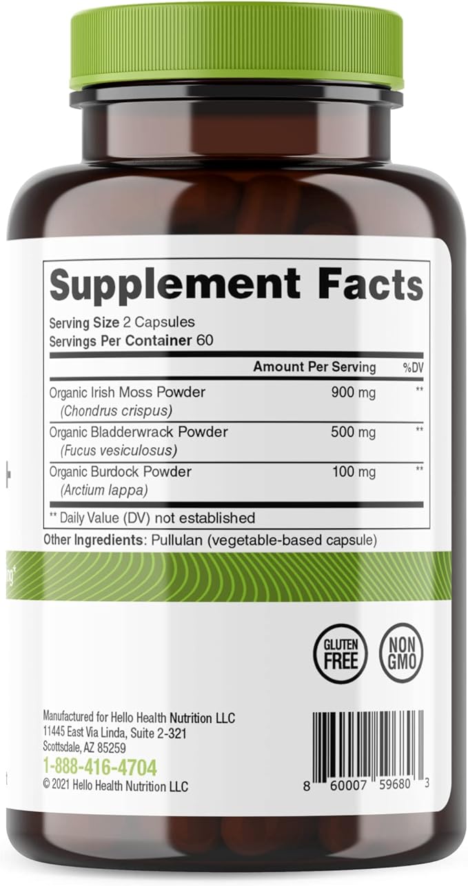 Organic Irish Sea Moss Capsules: Wildcrafted Sea Moss, Burdock Root & Bladderwrack Prebiotic Super Food for Immune Support, Thyroid Support, Natural Energy, -120 Caps