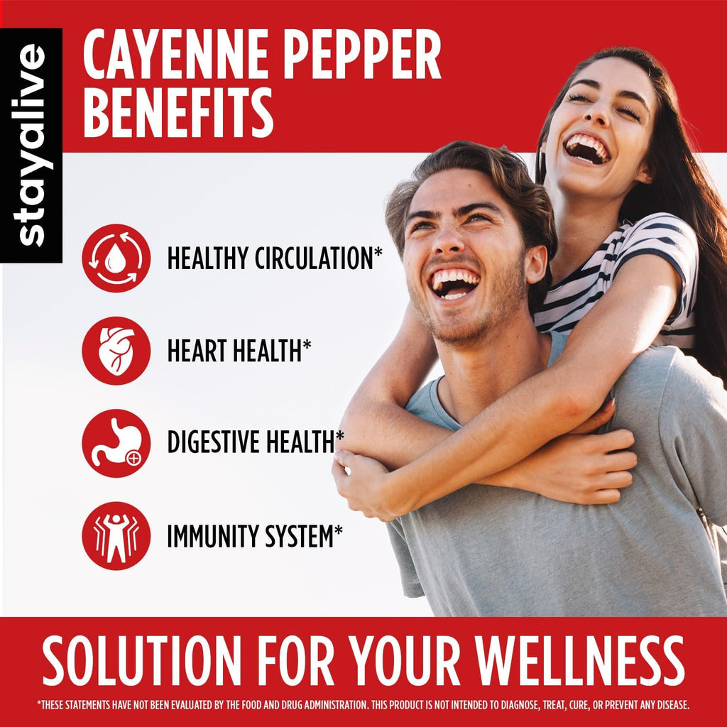 StayAlive Cayenne Pepper Capsules 960mg Super Extract with Ginger, Garlic, Turmeric, Beet Root, Black Pepper, 120 Cayenne Capsules, Support Cardiovascular & Immune System, Capsaicin Supplement Pills