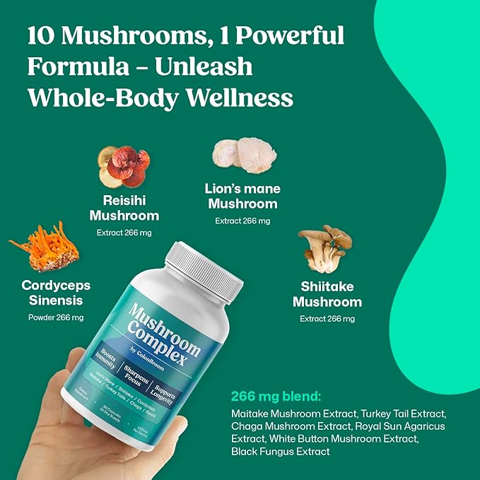 ColonBroom Mushroom Complex, Powerful Mushroom Blend with Cordyceps, Reishi, Shiitake, Lion’s Mane Extract for Energy, Immunity, Stress Relief & Cognitive Health - 60 Capsules (120 Count (Pack of 2))
