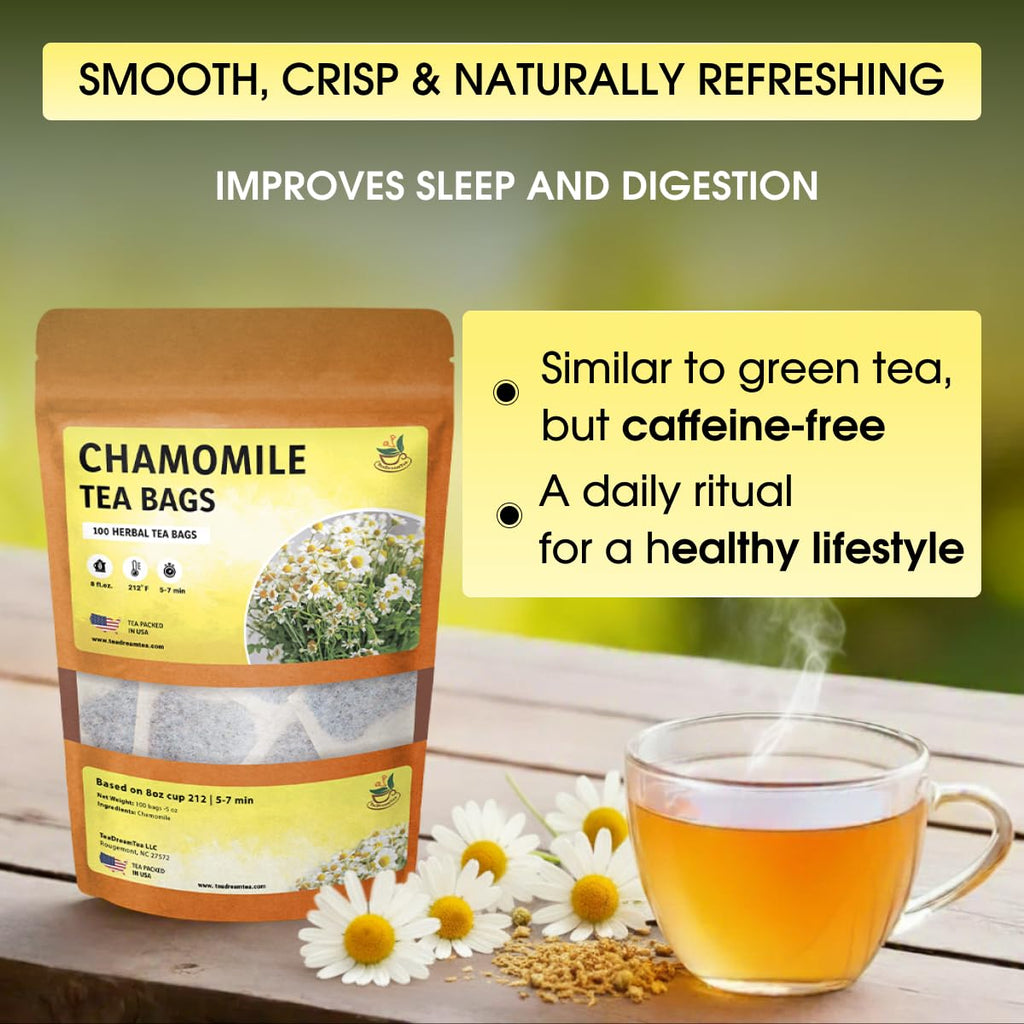 Chamomile Tea Bags - 100 Bags (Premium Natural Pure Leaf Tea - 100 Count) Gluten-Free and Caffeine-Free Herbal tea for Relaxation, Wallness, Immune Support with Smooth Taste