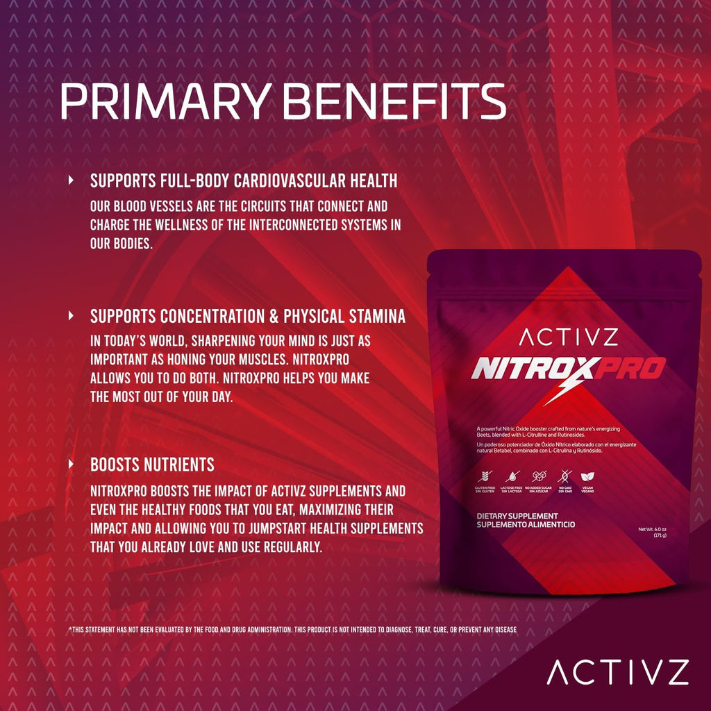 ACTIVZ NitroxPro™ Drink Powder - Beets, L-Citrulline, Rutinosides, CyLoc Dextrin & DexKey for Nitric Oxide, Cardiovascular Support, 6.0 oz (171g)