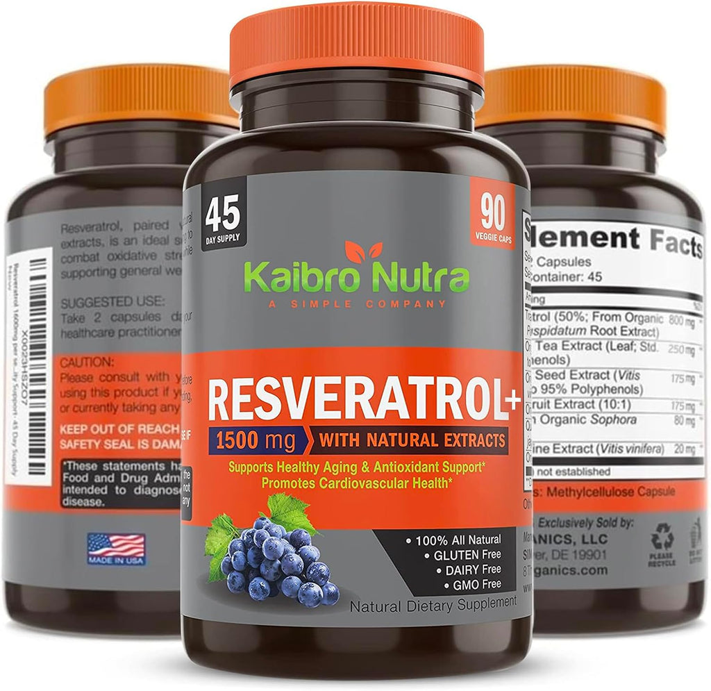 Kaibro Nutra Resveratrol Supplement, 1500mg Extra Strength Trans Resveratrol, Quercetin with Japanese Knotweed Extracts, Anti-Aging, Radiant Skin and Immunity Support, Vegan & Non-GMO, 90 Capsules