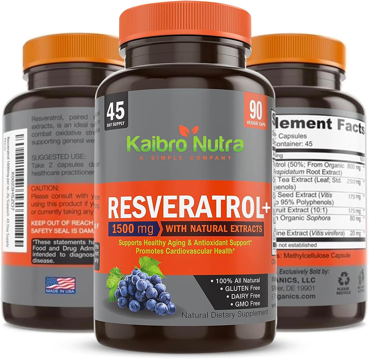 Kaibro Nutra Resveratrol Supplement, 1500mg Extra Strength Trans Resveratrol, Quercetin with Japanese Knotweed Extracts, Anti-Aging, Radiant Skin and Immunity Support, Vegan & Non-GMO, 90 Capsules