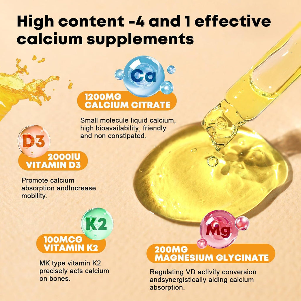 Calcium Citrate Supplement – Calcium Citrate 1200mg with Vitamin D3 Drops | Highly Absorbable | Non-GMO, Gluten-Free | Bones, Teeth & Muscle Support - 1 Fl Oz (2 Pack)