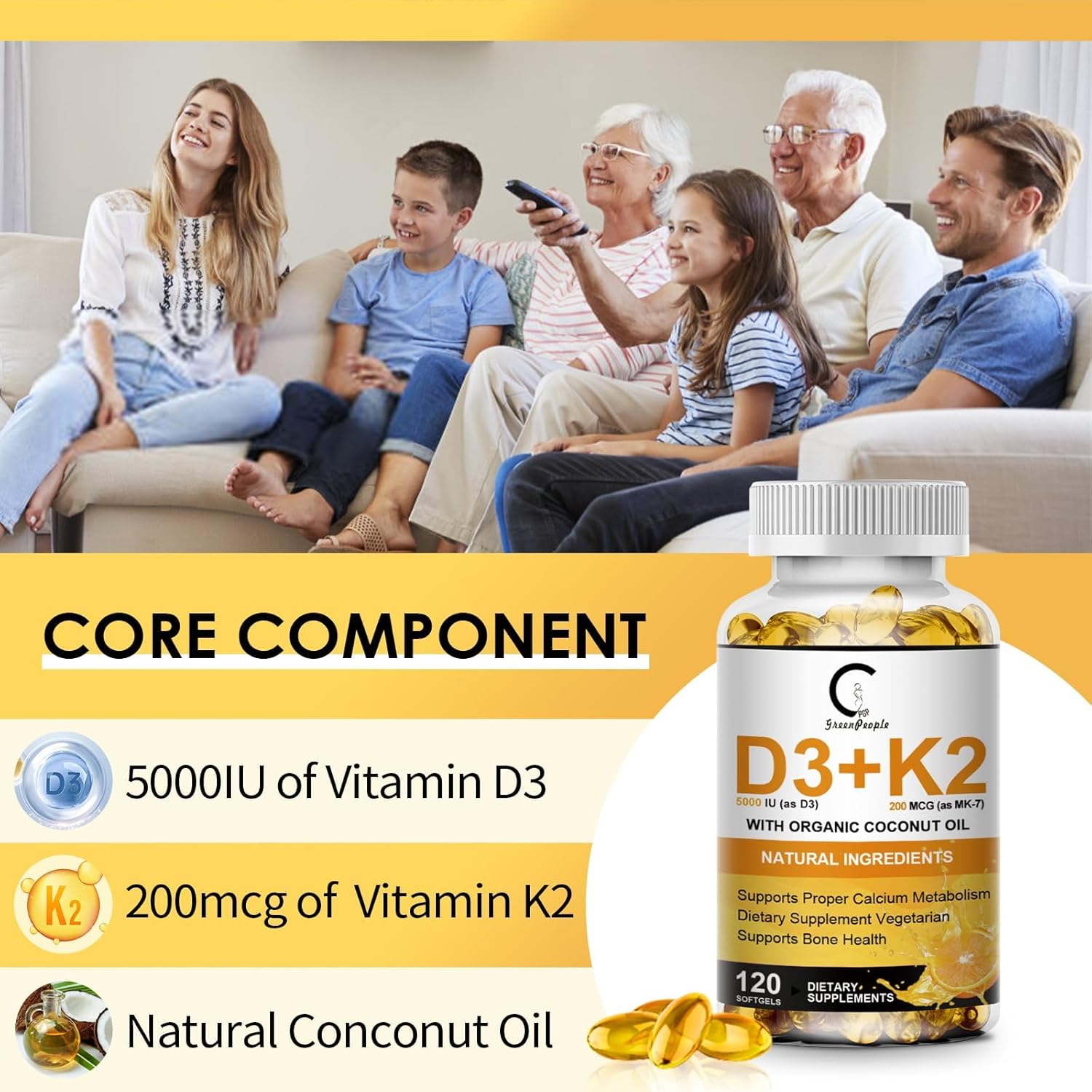 Vitamin D3 K2 Supplement with Vitamin D3 5000 IU, 200 mcg Vitamin K2 MK-7 & Natural Coconut Oil, Plant Based 2-1 Formula for Bone, Teeth, Muscle and Immune Health Support (120 Count (Pack of 2))