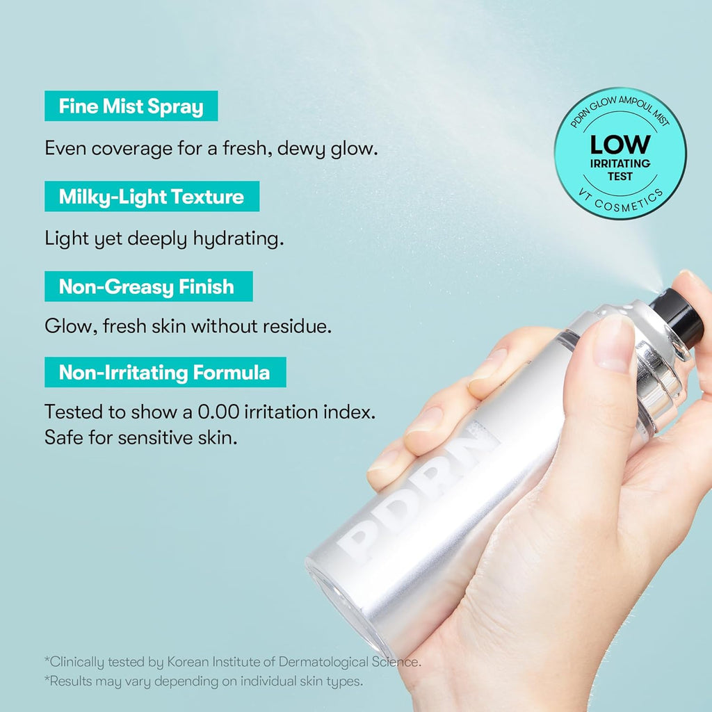 VT COSMETICS PDRN Glow Ampoule, PDRN Facial Mist, Deep Hydration Spray Serum, Vegan Skin Care, Light-weight Face Moisturizer, Plumping Effect, Fragrance-Free, Korean SkinCare (3.38 fl oz / 100 ml)