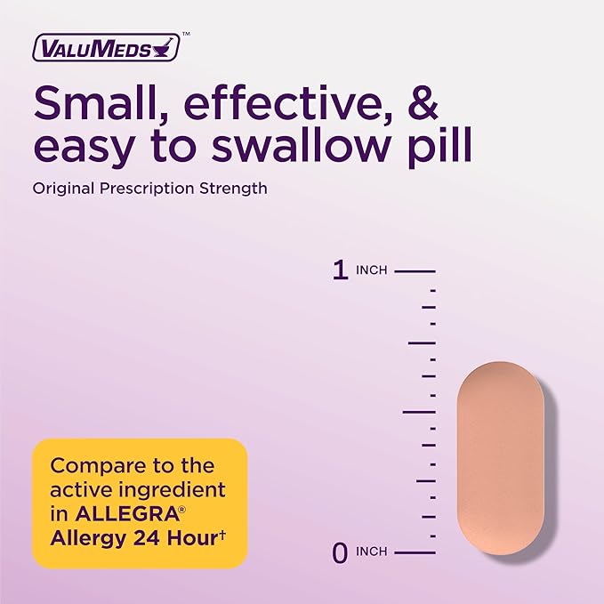 ValuMeds 24-Hour Allergy Relief Fexofenadine Hydrochloride 180mg | Non-Drowsy Antihistamine Generic Medicine for Allergies, Hay Fever, Itchy Eyes for Kids, Adults | Compare to Allegra (200-Count)
