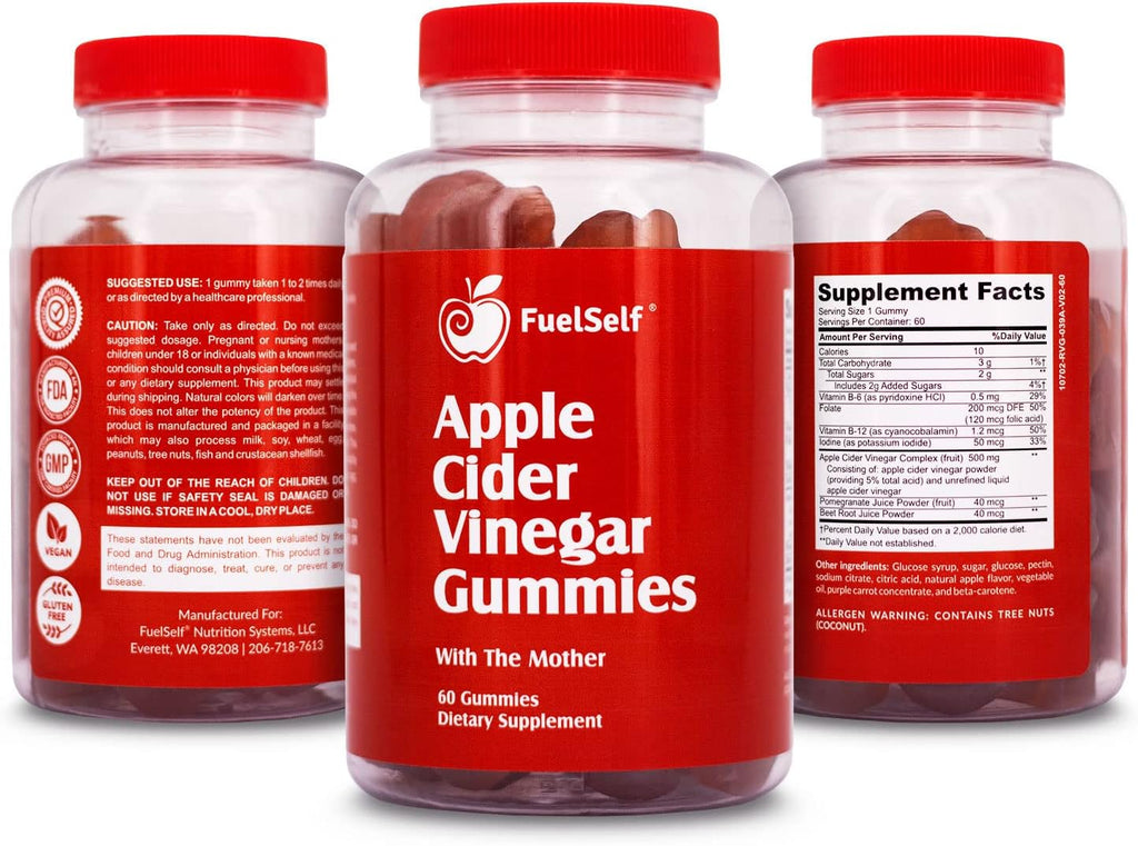 Apple Cider Vinegar Gummy Vitamins with The Mother, 1 Pack, 60 Count :: Metabolism Management, Immunity, Detox :: Vegan, Gluten-Free, Vitamin B6, B12, Pomegranate, Beet Root