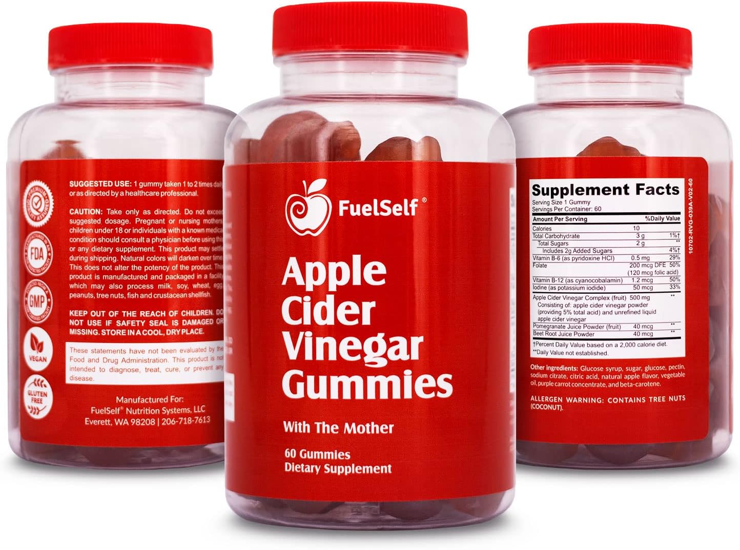 Apple Cider Vinegar Gummy Vitamins with The Mother, 1 Pack, 60 Count :: Metabolism Management, Immunity, Detox :: Vegan, Gluten-Free, Vitamin B6, B12, Pomegranate, Beet Root