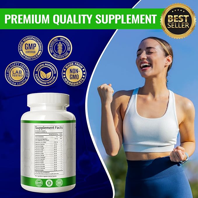 Magnesium Complex with 15 Types Magnesium Glycinate Citrate Malate Taurate Oxide Carbonate Chloride Orotate Magnesio Muscle, Heart, Relaxation & Nerves 120 Vegan Capsules, 60-Day Supply
