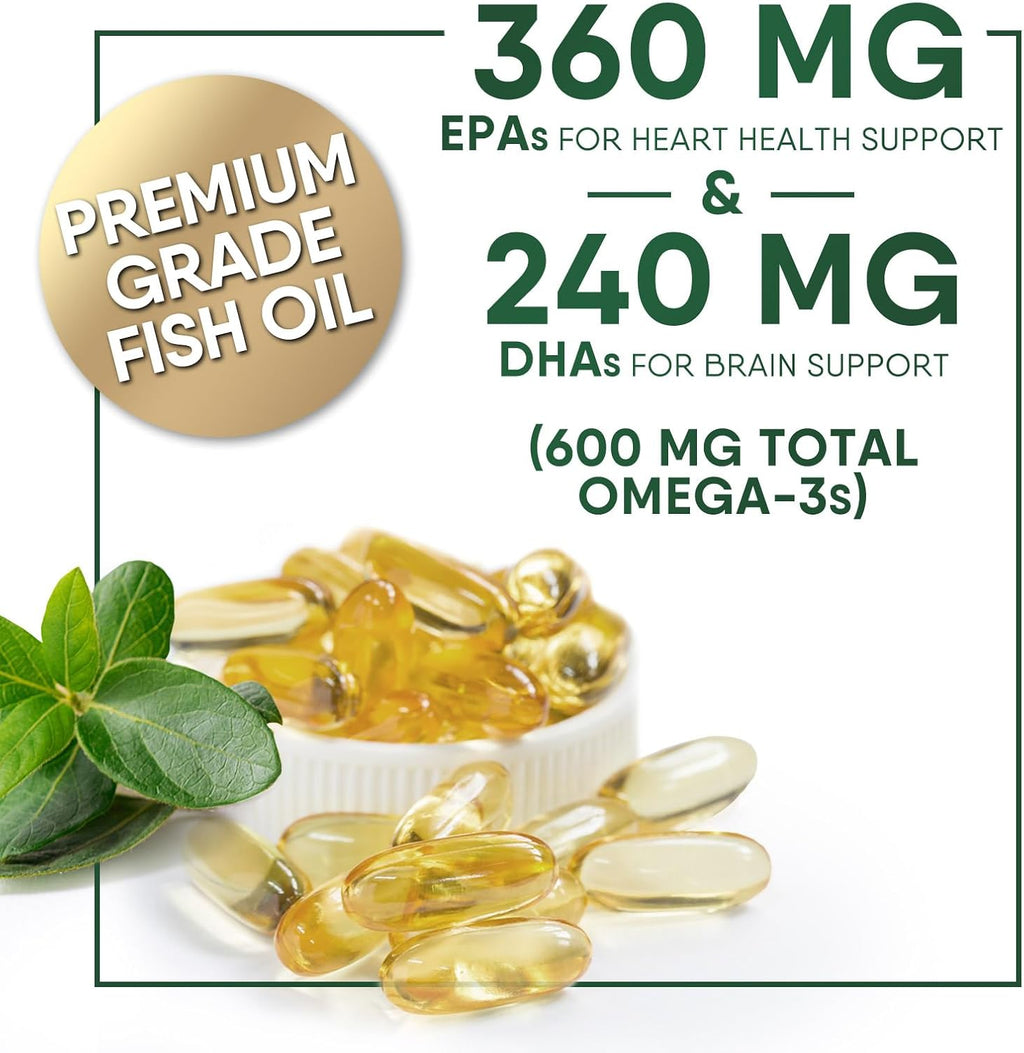 Omega 3 Fish Oil Supplements 2400 mg - Triple Strength Omega3 - EPA & DHA with Essential Fatty Acids - Natural Immune, Brain & Heart Health Support - Burpless, Lemon Flavor, Wild Caught - 120 Softgels