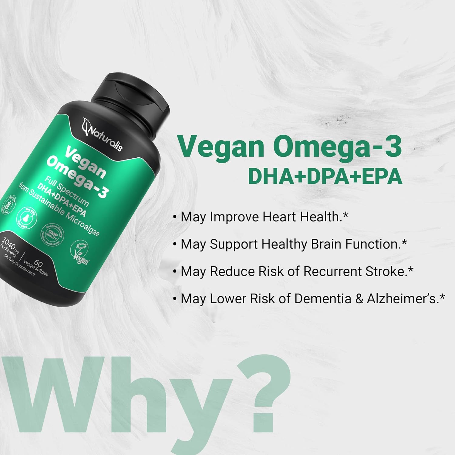 Vegan Omega 3 DHA, EPA & DPA from Algae | Vegan Society Certified, Sustainably Sourced, True Full Spectrum | 60 Veggie Softgels (Carrageenan Free)