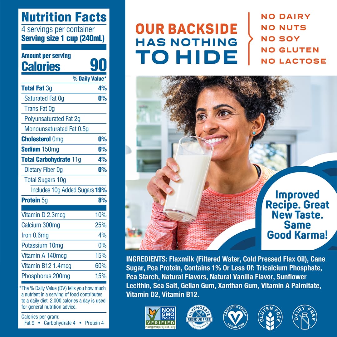 Good Karma Vanilla Flaxmilk +Protein, 32 Ounce (Pack of 6), 5g Plant Protein + 1200mg Omega-3 Per Serving, Plant-Based Non-Dairy Milk Alternative, Lactose Free, Nut Free, Vegan, Shelf Stable
