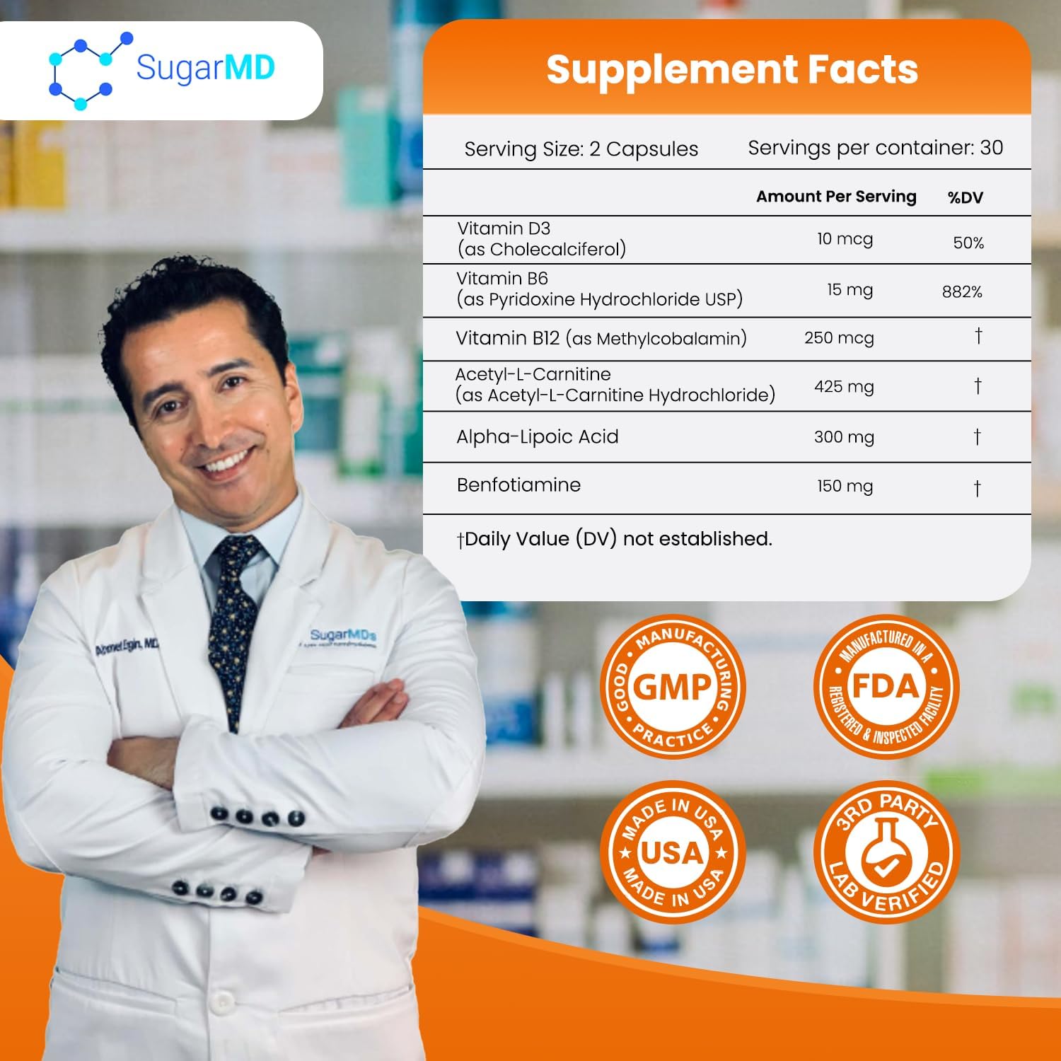 SugarMD Neuropathy Support Supplement – 60 Nerve Supplement Capsules with Alpha Lipoic Acid, Benfotiamine & Vitamin D3 B6 B12 - Nerve Support Supplement for Feet, Hands, Fingers & Legs - 30 Day Supply