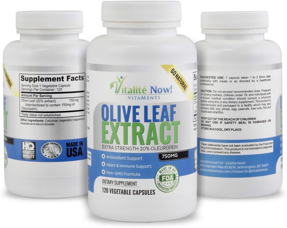 Super Strength Best Olive Leaf Extract (Non-GMO) - 20% Oleuropein - Immune Support Supplement - Up to 4 Months - 750mg Capsules - Vegetarian - 120 Count