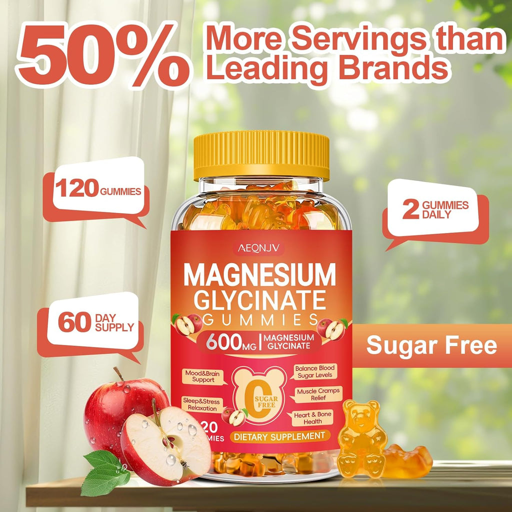 Magnesium Glycinate Gummies 600MG, Chewable Sugar Free Magnesium Citrate for Men & Women with L-Threonate, Vitamin B6, D3, Magnesium Supplements for Sleep, Body Support and Relaxation, 60 Day Supply