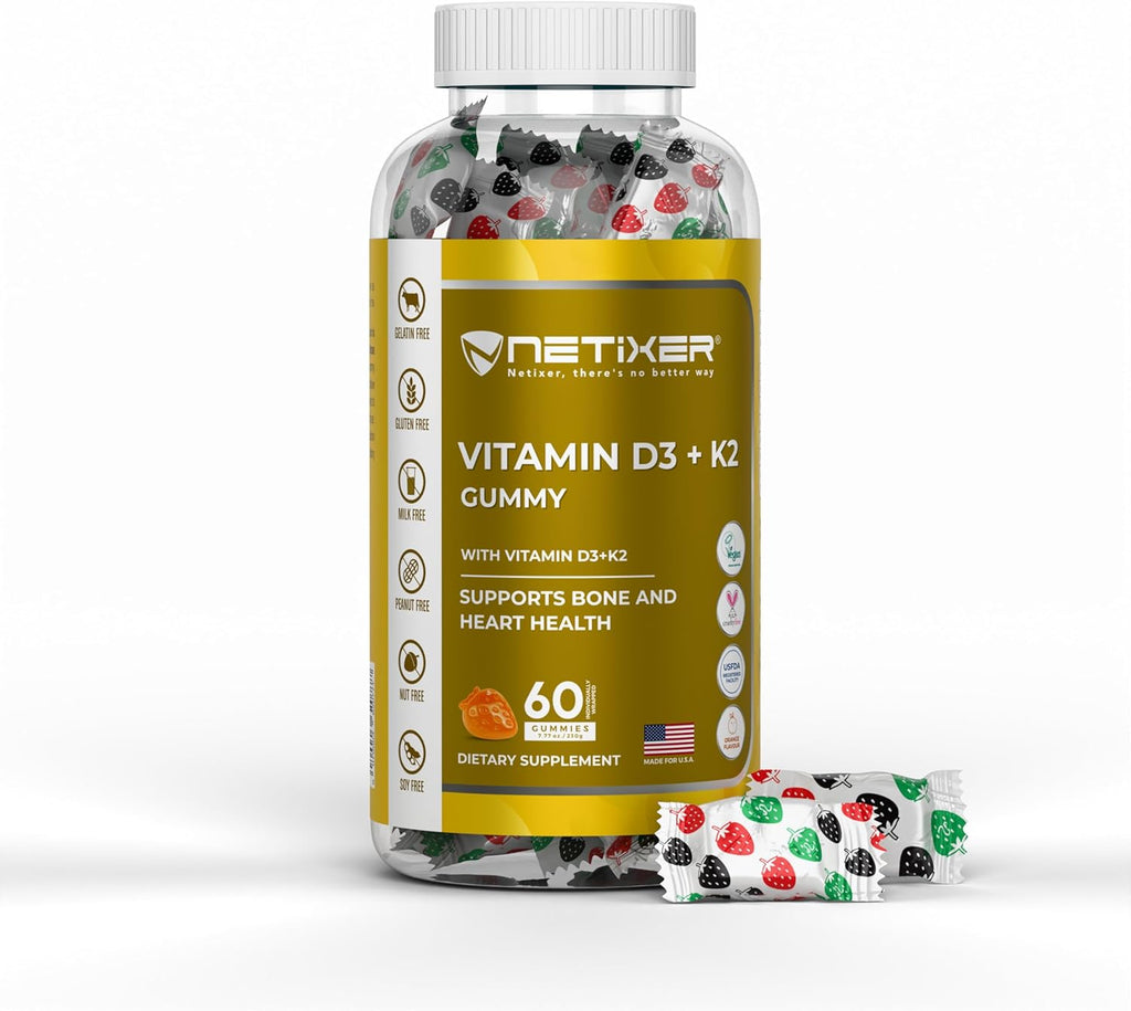 Vitamin D3 + K2 Gummies – Bone & Heart Support – with 10 mcg D3 (Cholecalciferol) & 55 mcg MK-7 K2 – Vegan, Gluten-Free, Gelatin-Free – Orange Flavor – Non-GMO – 60 Gummies – Allergen-Free