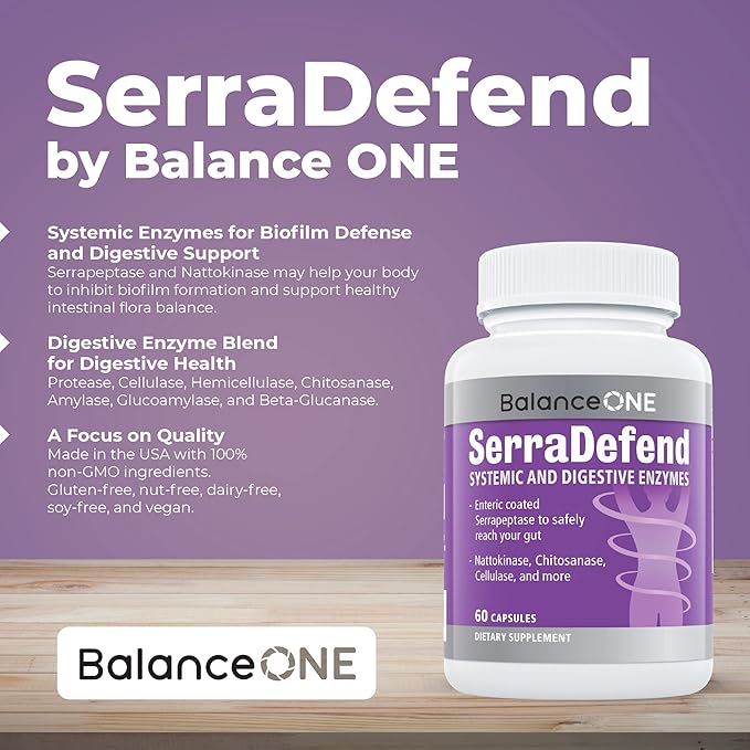 Balance ONE Biofilm Disruptor – Proteolytic Enzymes & Defense Supplement with Serrapeptase & Nattokinase – Systemic & Digestive Support – 60 Capsules, 2 Month Supply – for Women & Men – SerraDefend