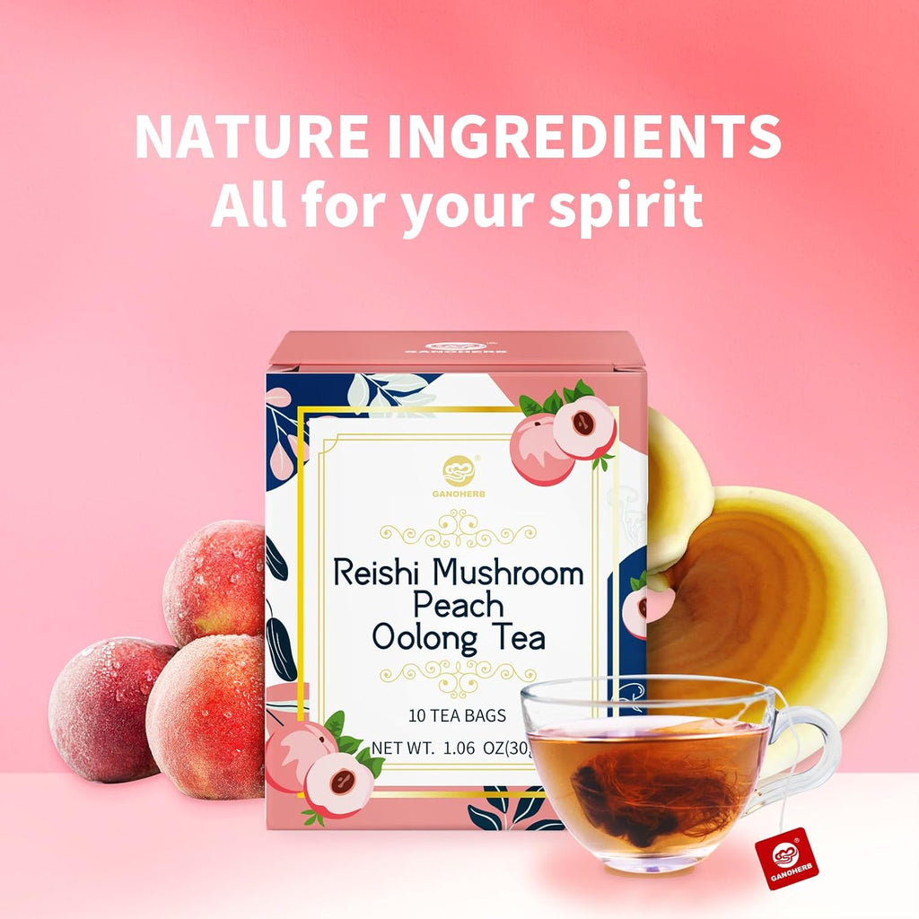 GANOHERB Reishi Mushroom Peach Oolong Tea, Adaptogen Ganoderma Lucidum Herbal Tea for Immune Health Boost, Stress Relief, Caffeine-Free, No Sugar, 1.06 OZ