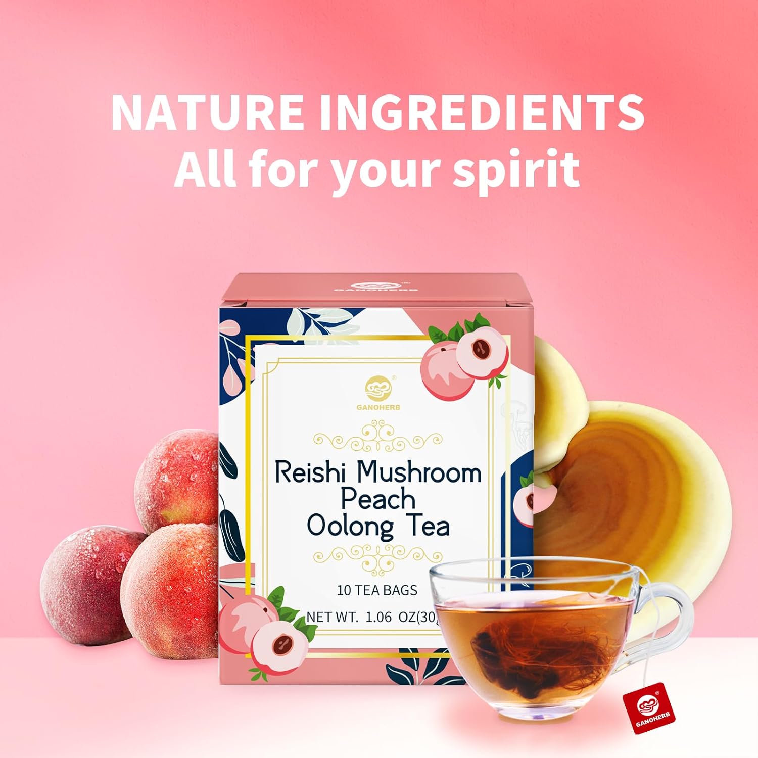 GANOHERB Reishi Mushroom Peach Oolong Tea, Adaptogen Ganoderma Lucidum Herbal Tea for Immune Health Boost, Stress Relief, Caffeine-Free, No Sugar, 1.06 OZ