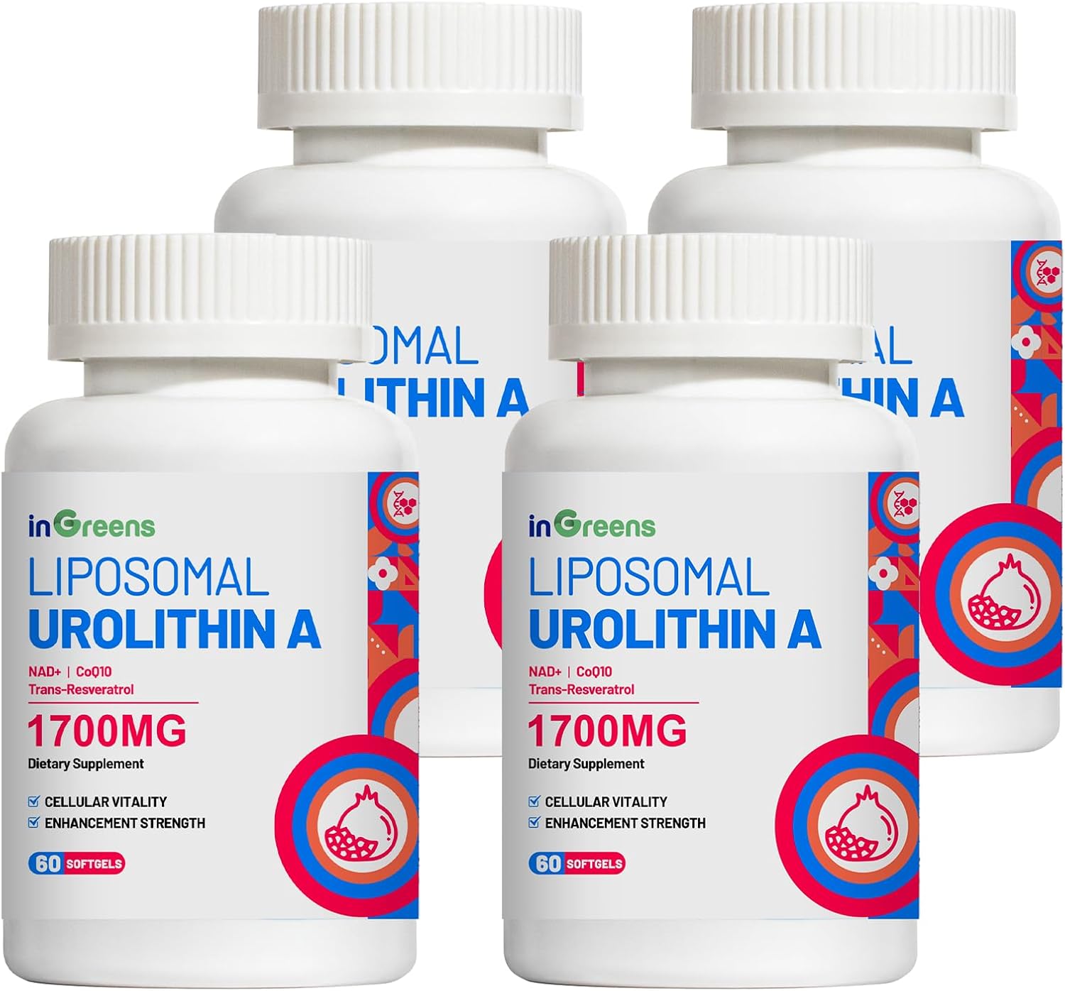 Urolithin A Supplement 1700mg with NAD+, CoQ10, Trans-Resveratrol Supplement for Men Women, 4 Pack