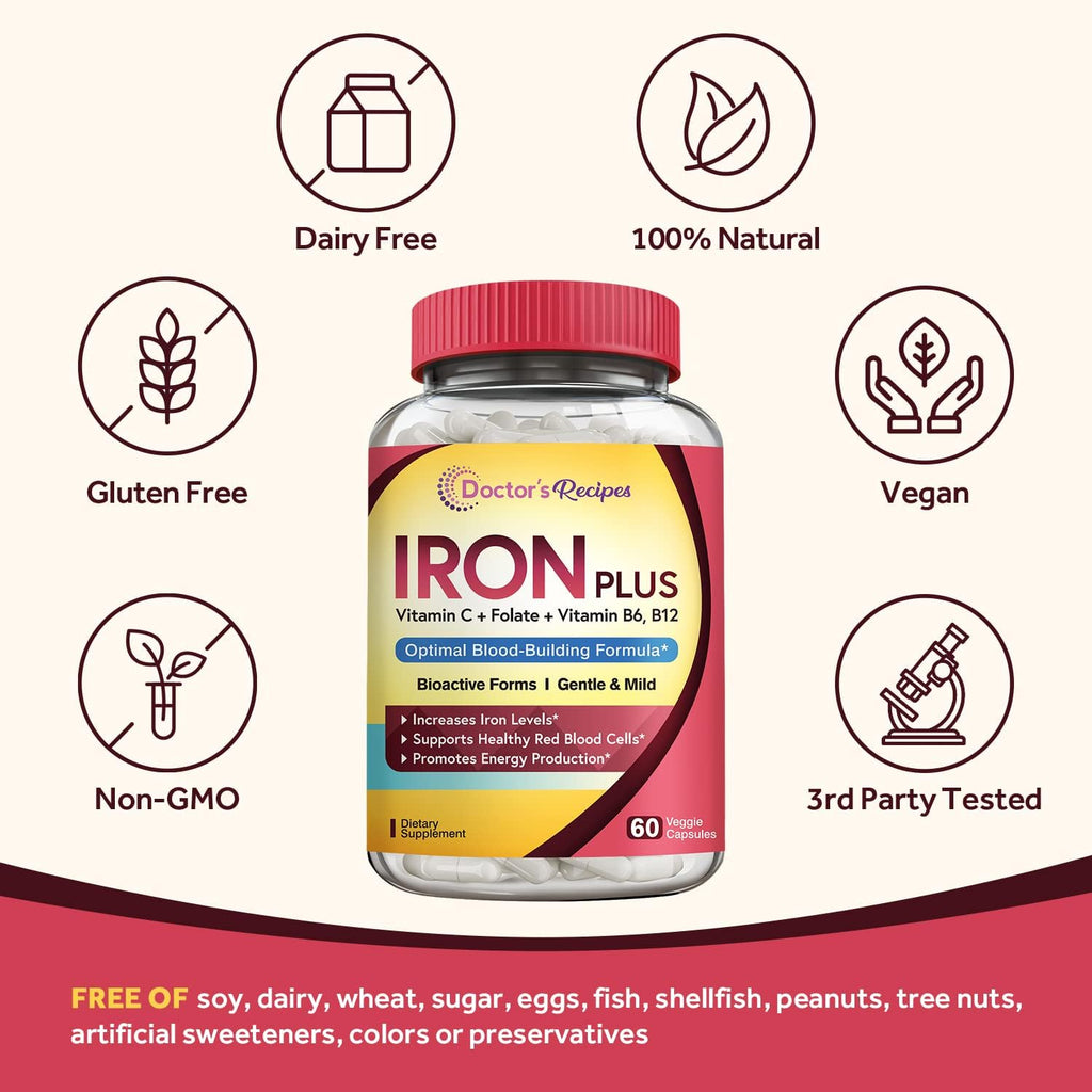 Doctor's Recipes Iron Supplement, Iron Bisglycinate with Vitamin C, B6, Folate & B12, Non-Constipating, Stomach Friendly, Gentle Iron Pills for Iron Deficiency, Blood & Energy Support, 60 Vegan Caps