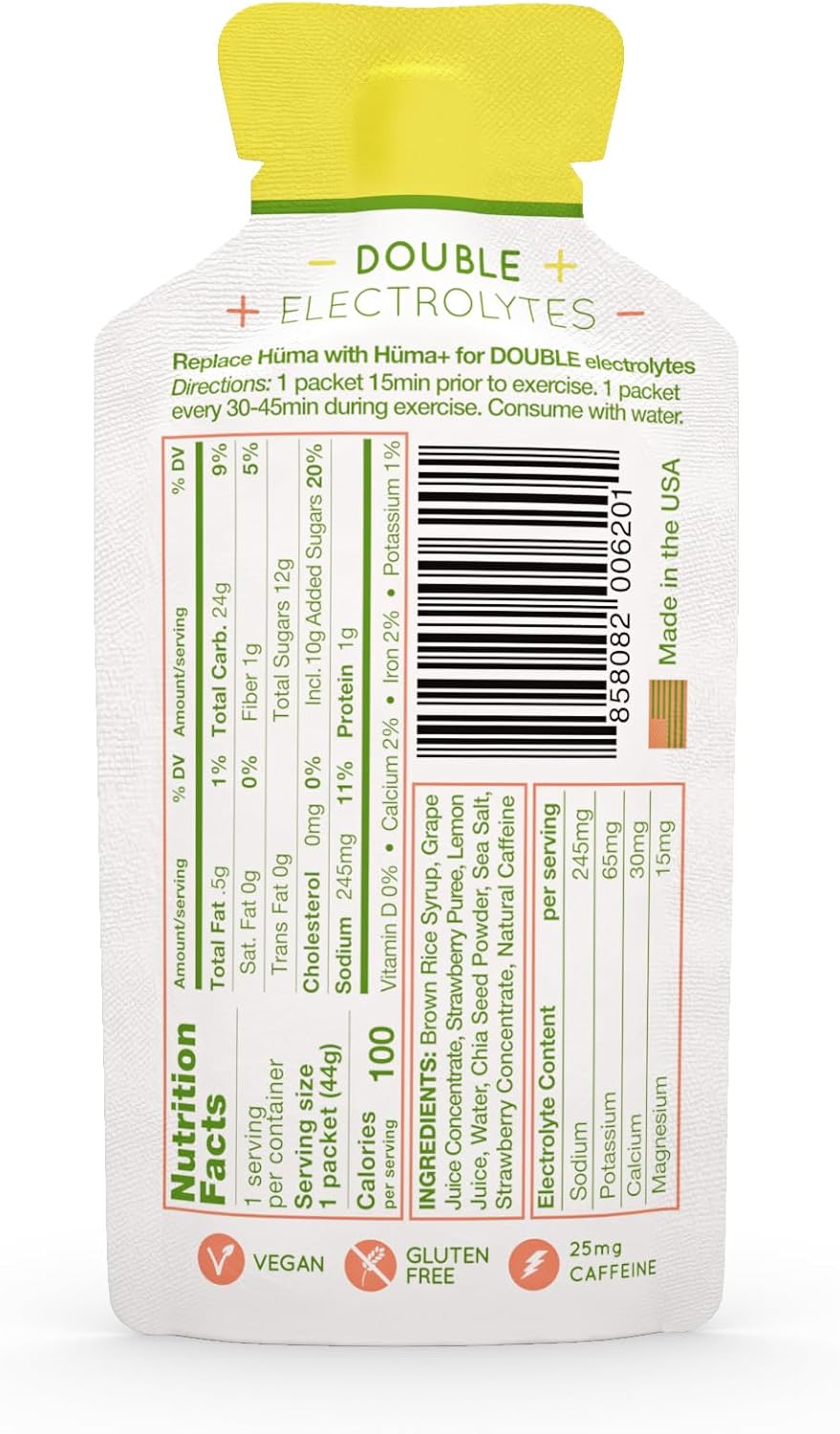 Huma Plus (Double Electrolytes) - Chia Energy Gel, Strawberry Lemonade, 24 Gels, 25mg Caffeine - Stomach Friendly, Real Food Energy Gels