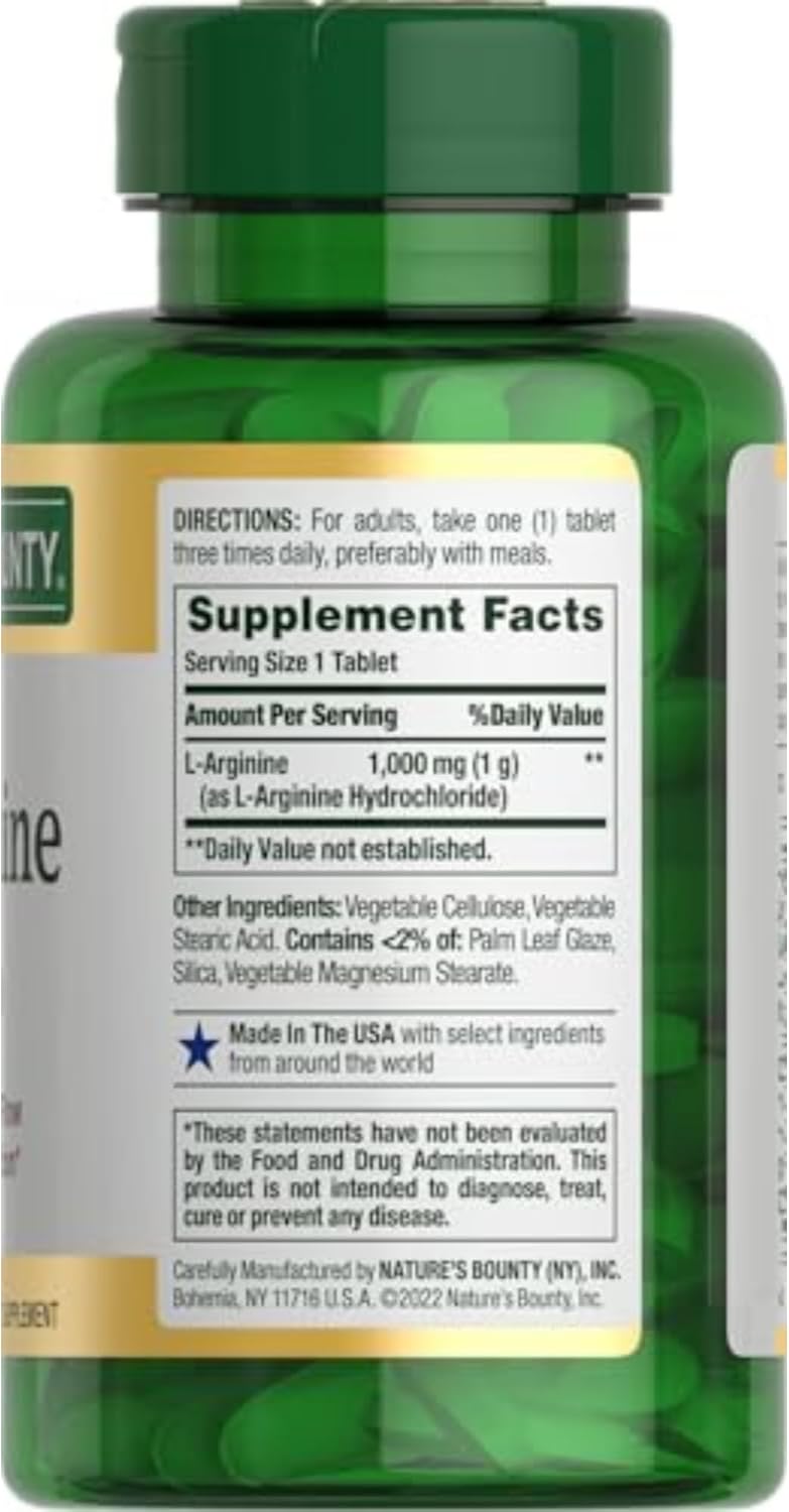 Nature’s Bounty L-Arginine 1000mg for Supporting Blood Flow and Vascular Function – Non-GMO, Gluten Free, 50 Tablets