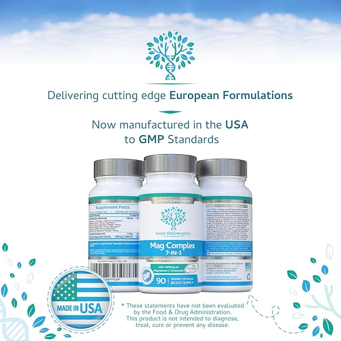 Magnesium L-Threonate Complex 7-in-1 with 1000mg of Magtein Plus Magnesium as Bisglycinate, Taurate, Citrate, Gluconate, Malate & Lactate - Supports Sleep - Vegan, US Made and No Artificial Nasties