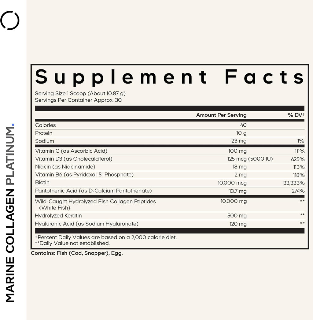Codeage Marine Collagen Protein Powder Supplement Platinum - Biotin 10,000 mcg, Vitamin C, D3 & B6, Keratin, Hyaluronic Acid, Niacin, Wild Caught Hydrolyzed Fish Collagen Peptides - Non-GMO - 11.50 oz
