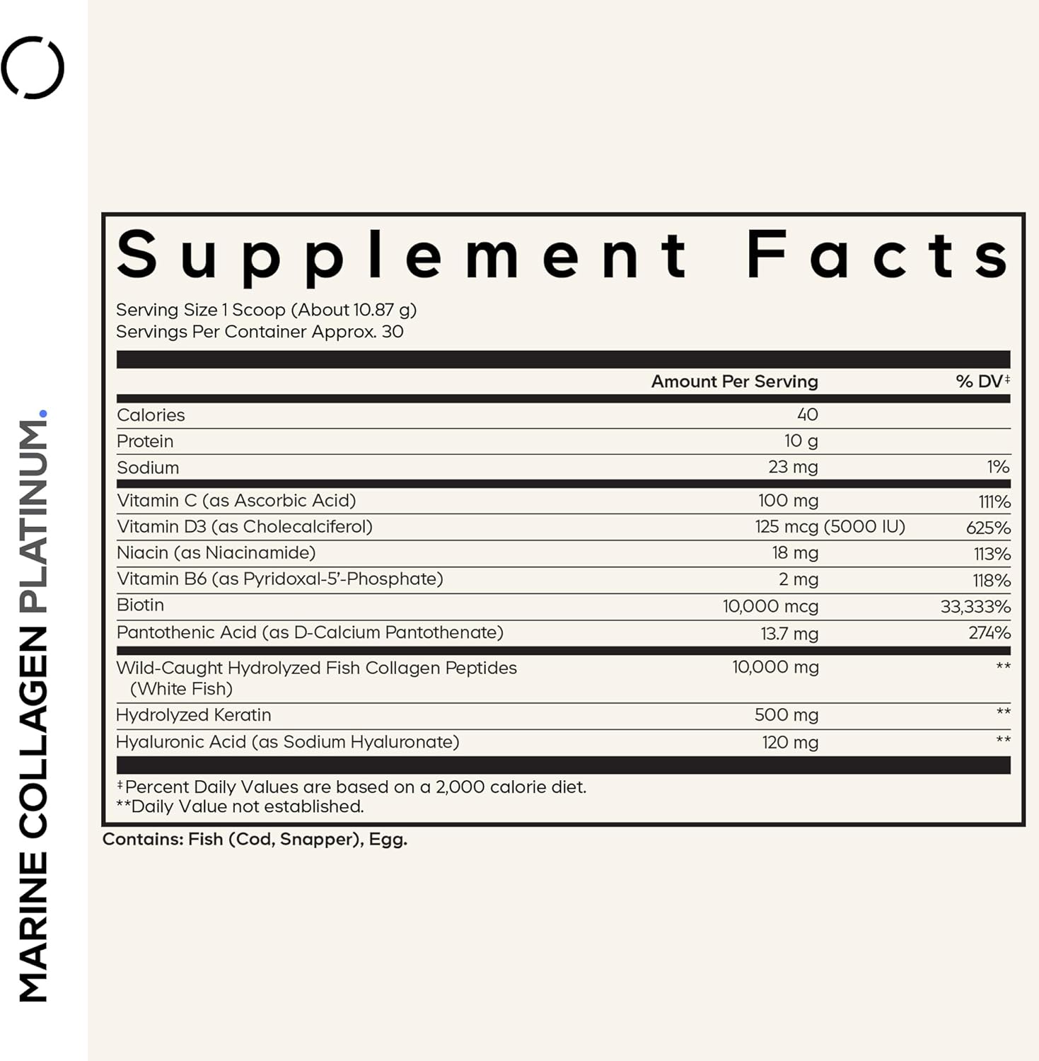 Codeage Marine Collagen Protein Powder Supplement Platinum - Biotin 10,000 mcg, Vitamin C, D3 & B6, Keratin, Hyaluronic Acid, Niacin, Wild Caught Hydrolyzed Fish Collagen Peptides - Non-GMO - 11.50 oz