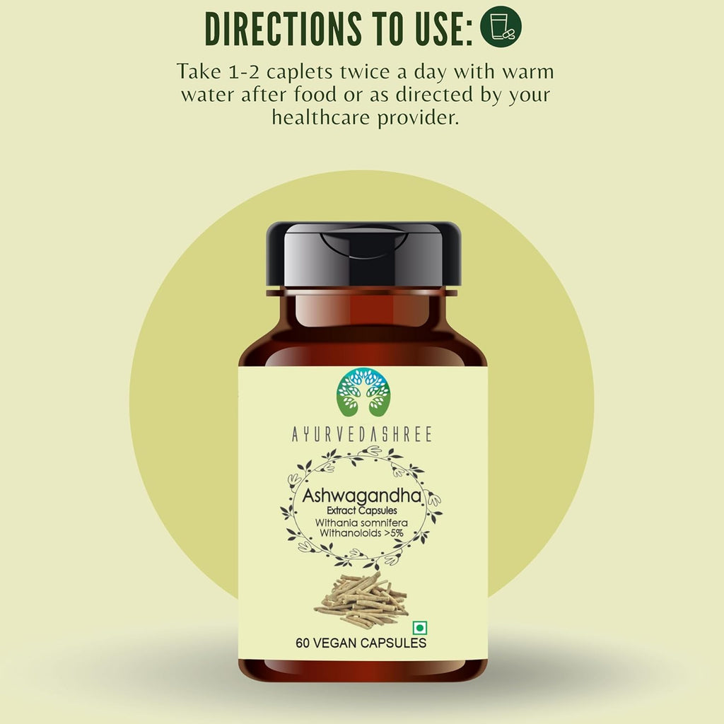 Ashwagandha Root Extract 500mg - 60 Vegetarian Capsules | Withania Somnifera Withanoloids | All Natural | 100% Vegan | Gluten-Free | GMP Certified