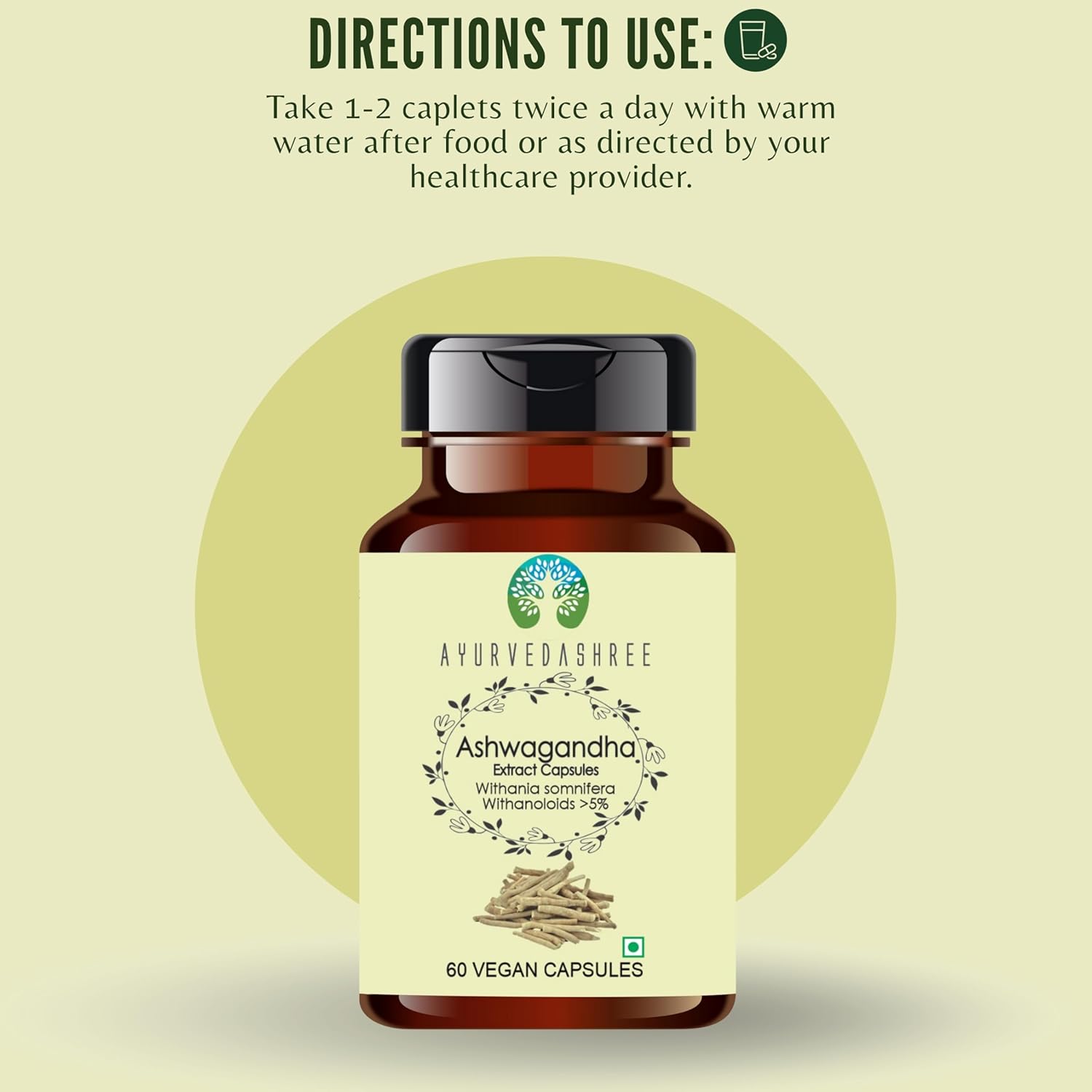 Ashwagandha Root Extract 500mg - 60 Vegetarian Capsules | Withania Somnifera Withanoloids | All Natural | 100% Vegan | Gluten-Free | GMP Certified