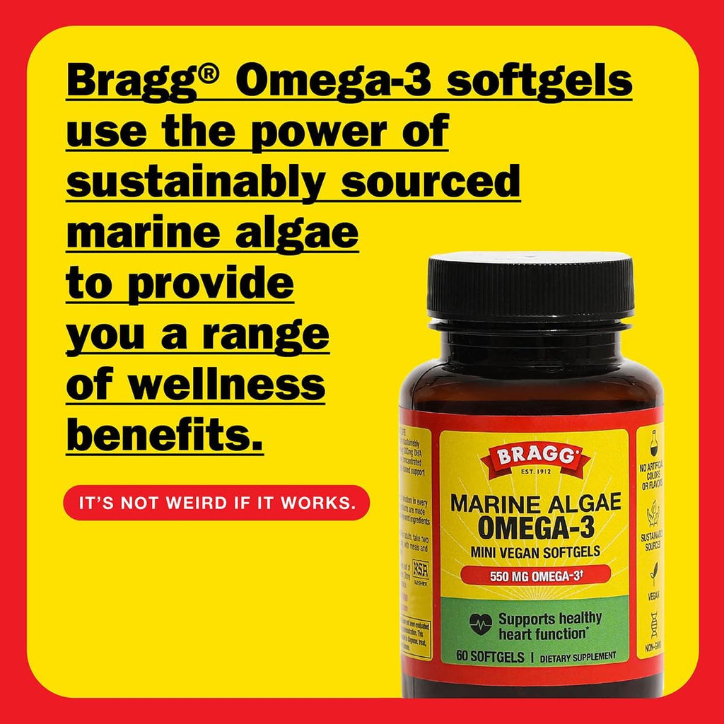 Bragg Omega-3 Supplement Capsules with DHA and EPA - 60 Vegan Softgels - Sustainably-Sourced Marine Algae - Supports Eye and Brain Health