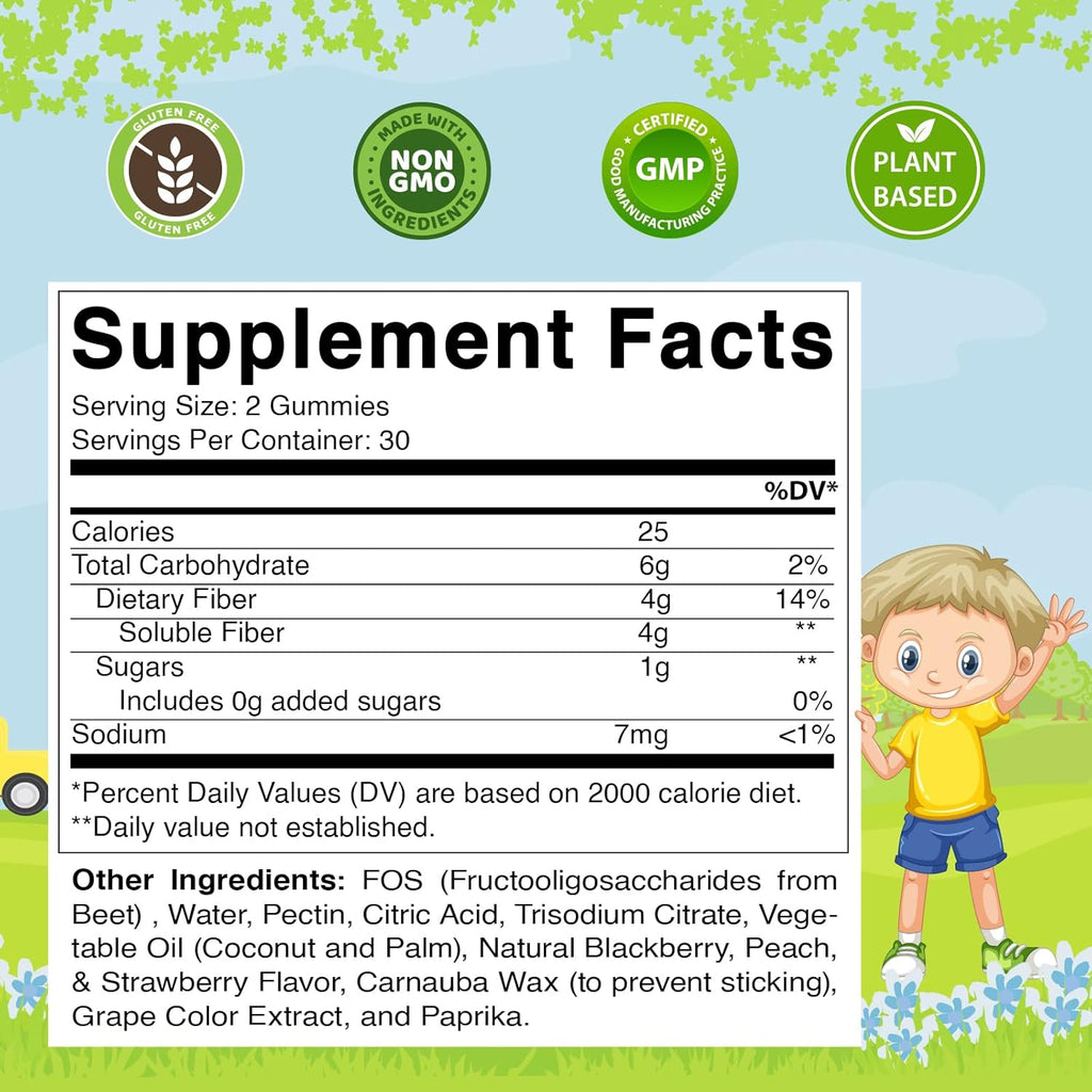 Vitamatic Kids Prebiotic Fiber Gummies – Extra Strength 4g Fiber – Zero Sugar Added – 60 Pectin-Based Gummies – Digestive Health & Regularity Support (Pack of 2)