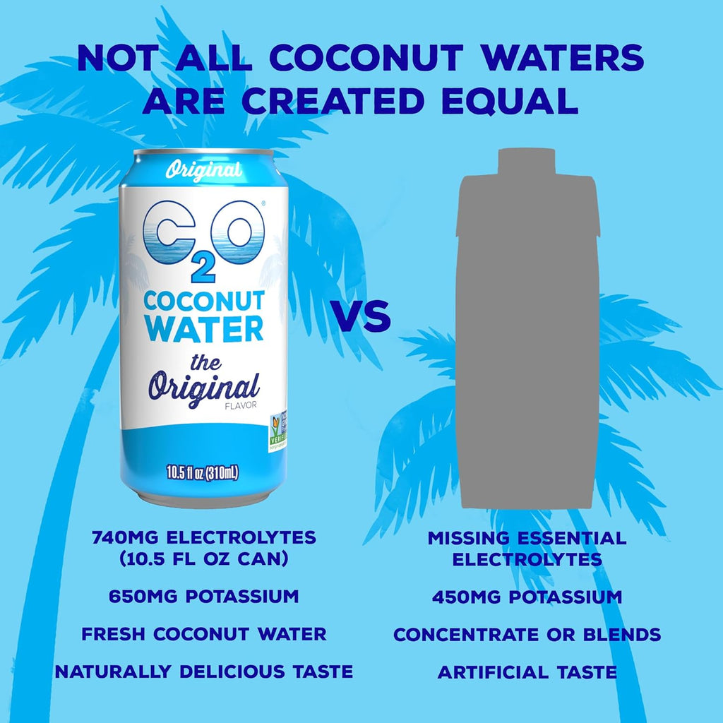 C2O - Coconut Water, The Original Flavor (24 Pack) - Made with Fresh Coconut Water - Plant Based - Non GMO - Canned Water - Natural Hydration, Essential Electrolytes, & Potassium - 24 Cans, 10.5 FL OZ
