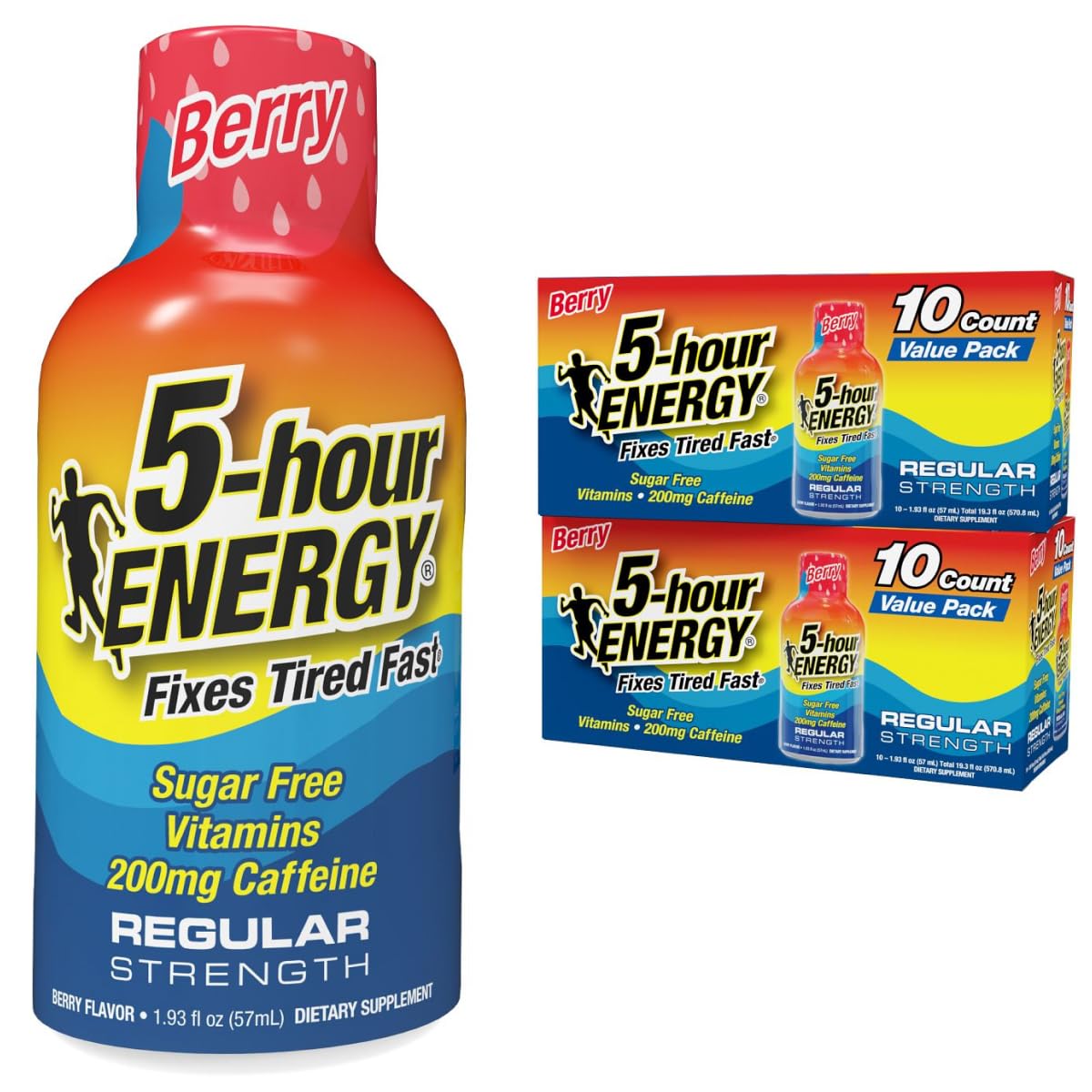 5-hour ENERGY Regular Strength Energy Shot 1.93oz, 20-Pack – Sugar Free Caffeine Energy Booster with B-Vitamins & Amino Acids – Zero Calorie (20 Bottles – Single Flavor, Berry Regular Strength)