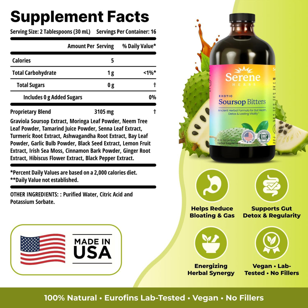 Serene Herbs - Soursop Bitters Liquid - Organic Herbal Guanabana Detox with Black Seed, Moringa & Ginger - Supports Digestive Wellness & Immune Function - 16 fl oz