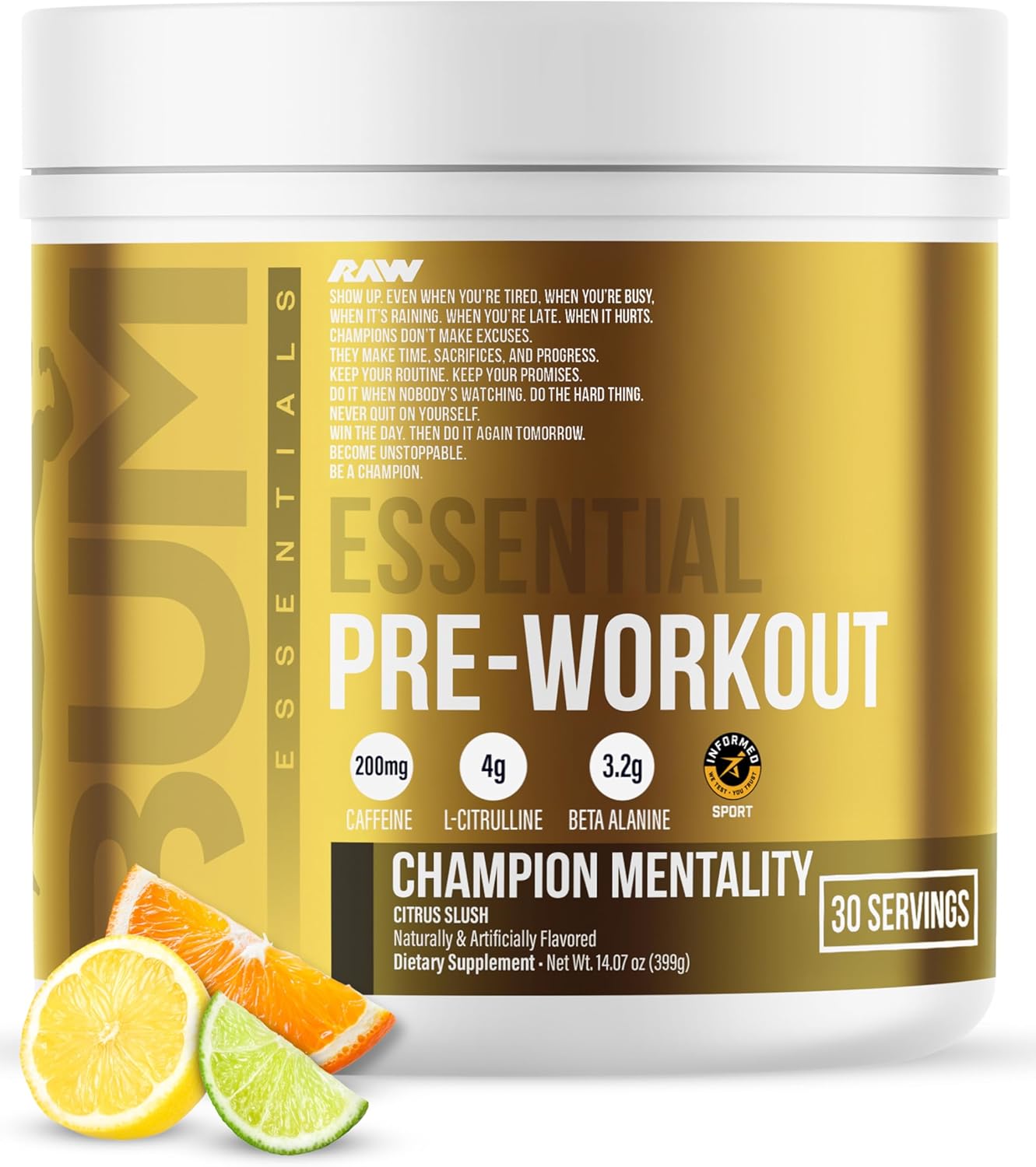 RAW Essential Pre-Workout Powder (Champion Mentality) - Chris Bumstead Sports Nutrition Supplement for Men & Women - Preworkout Energy Powder with Caffeine, L-Citrulline, L-Tyrosine & Beta Alanine