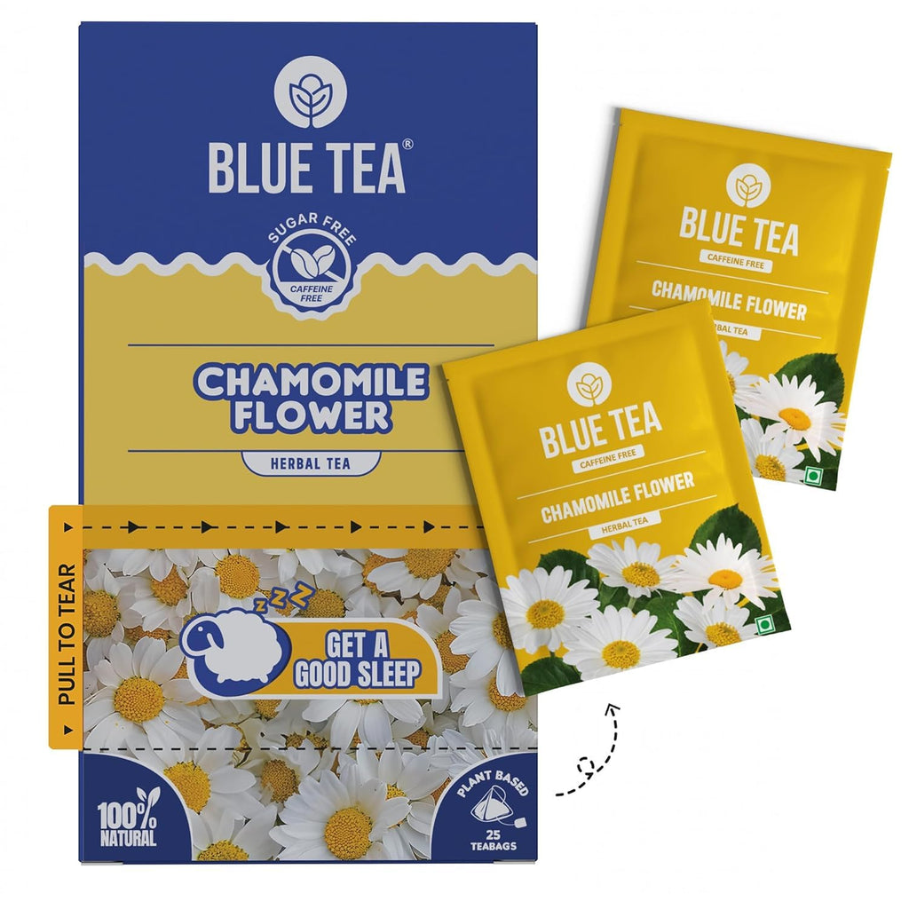 BLUE TEA - Chamomile Tea For Sleep - 25 Count - Plant Based Tea Bags | Get a good Sleep | Relaxation | Stress Relief | Caffeine Free - Flower Based - Herbal Tea | Single Tear Tea Box | Easy Pull Sachets