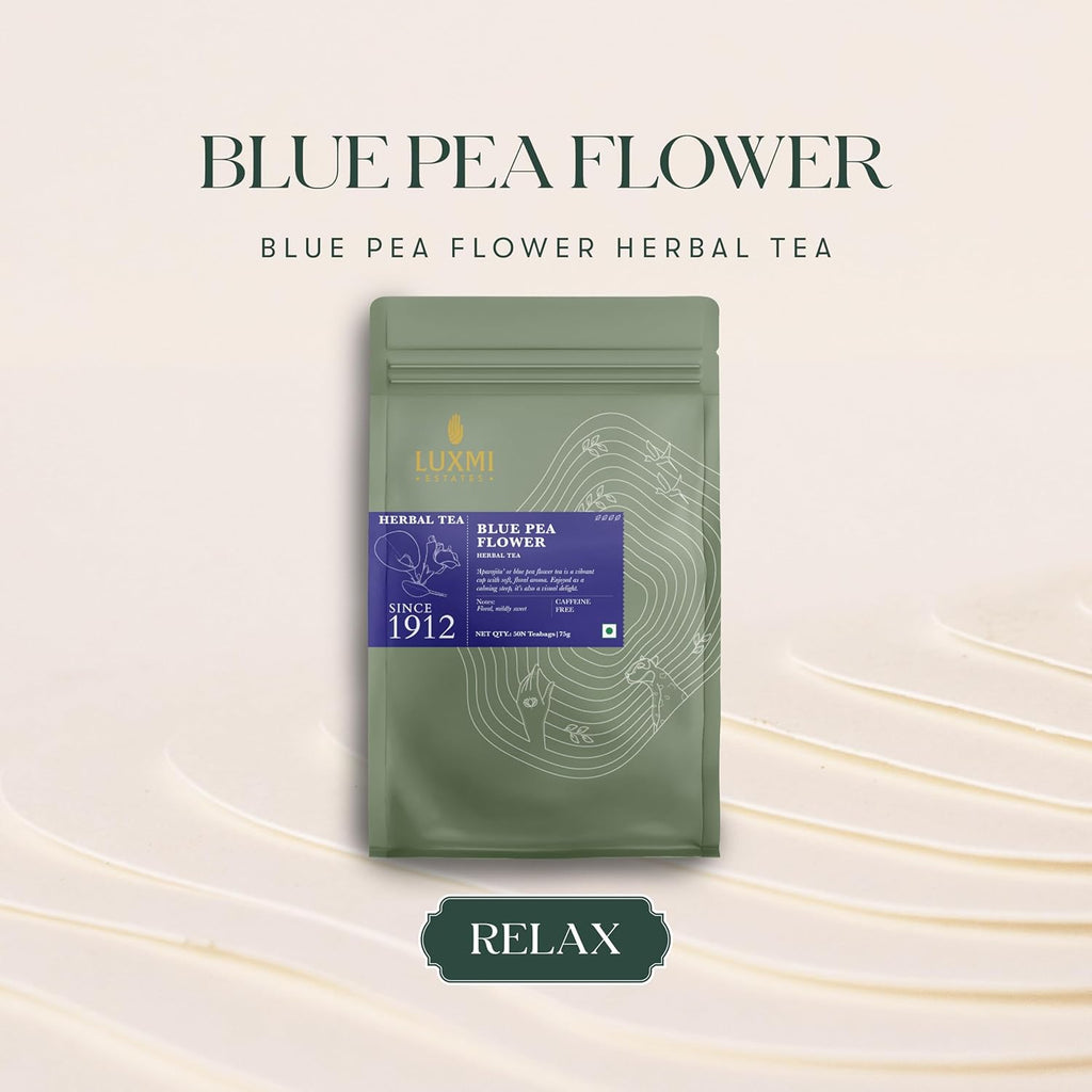 Luxmi Estates Butterfly Pea Flower Organic Blue Pea Flower Tea (50 Tea Bags) Caffeine Free Tea Bags For Relaxing, Calming, and Stress Relief, With Certified Herbal Tea