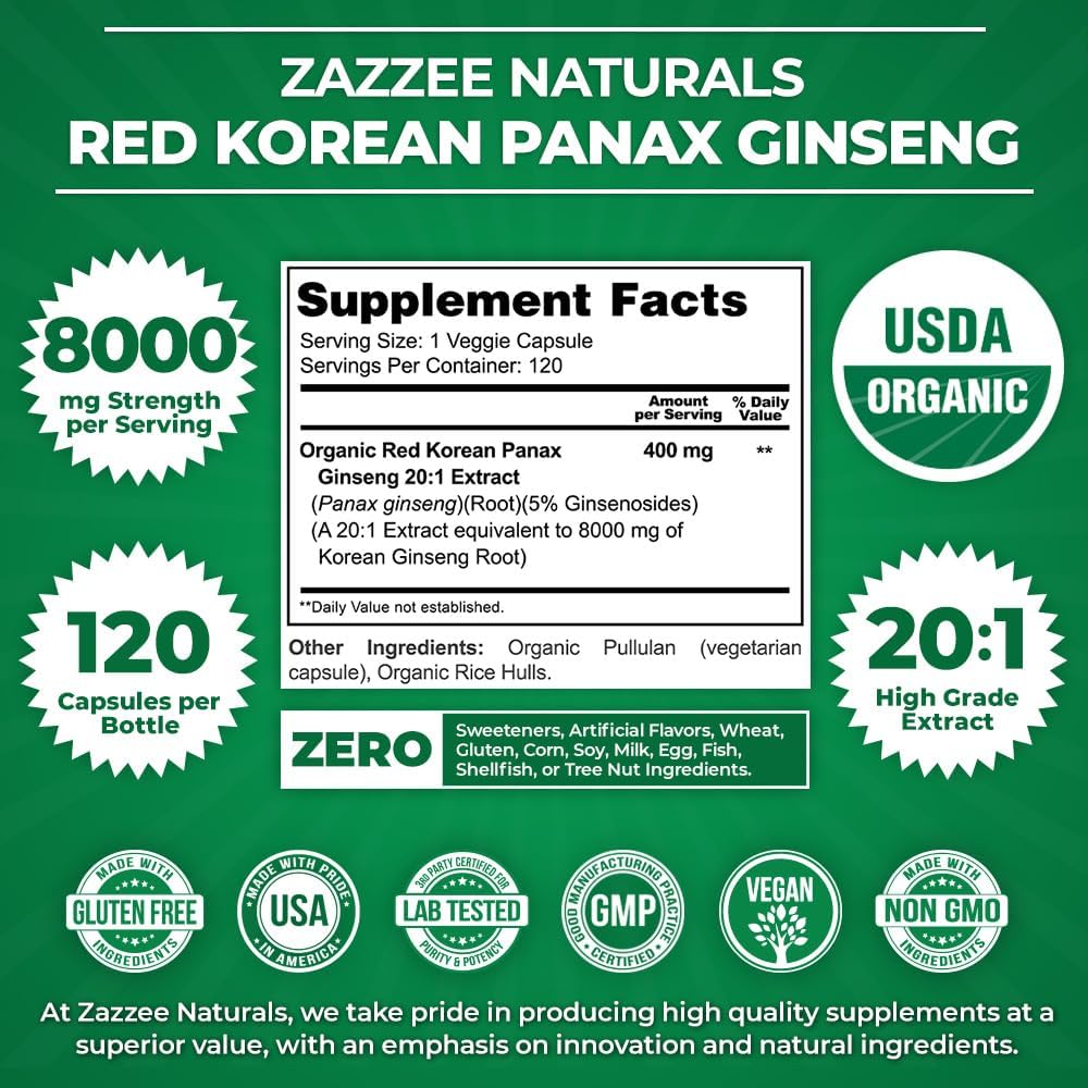 Zazzee USDA Organic Red Korean Panax Ginseng 20:1 Extract, 8000 mg Strength, 5% Ginsenosides, 120 Vegan Capsules, Standardized and Concentrated 20X Root Extract, 100% Vegetarian, All-Natural, Non-GMO