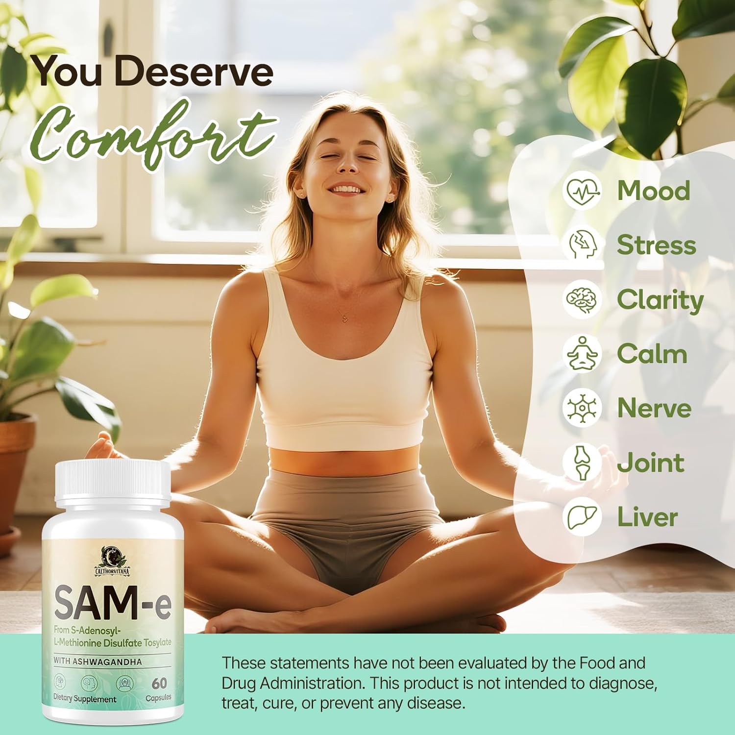 SAM-e Supplement – Capsule Complex with Ashwagandha Extract, L-Theanine, Rhodiola, St. John’s Wort, Omega-3 Fatty Acids, Magnesium, B Vitamins & D3, 60 Capsules