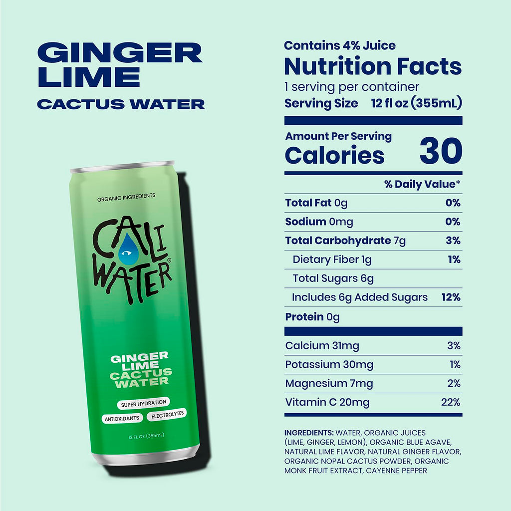 Caliwater - Organic Cactus Water - Ginger and Lime - 5g Sugar, 25 Calories - Coconut Water Alternative - Natural Plant Based Hydration - Skin Care, Electrolyte Drinks - Flavored Water - 12 Cans