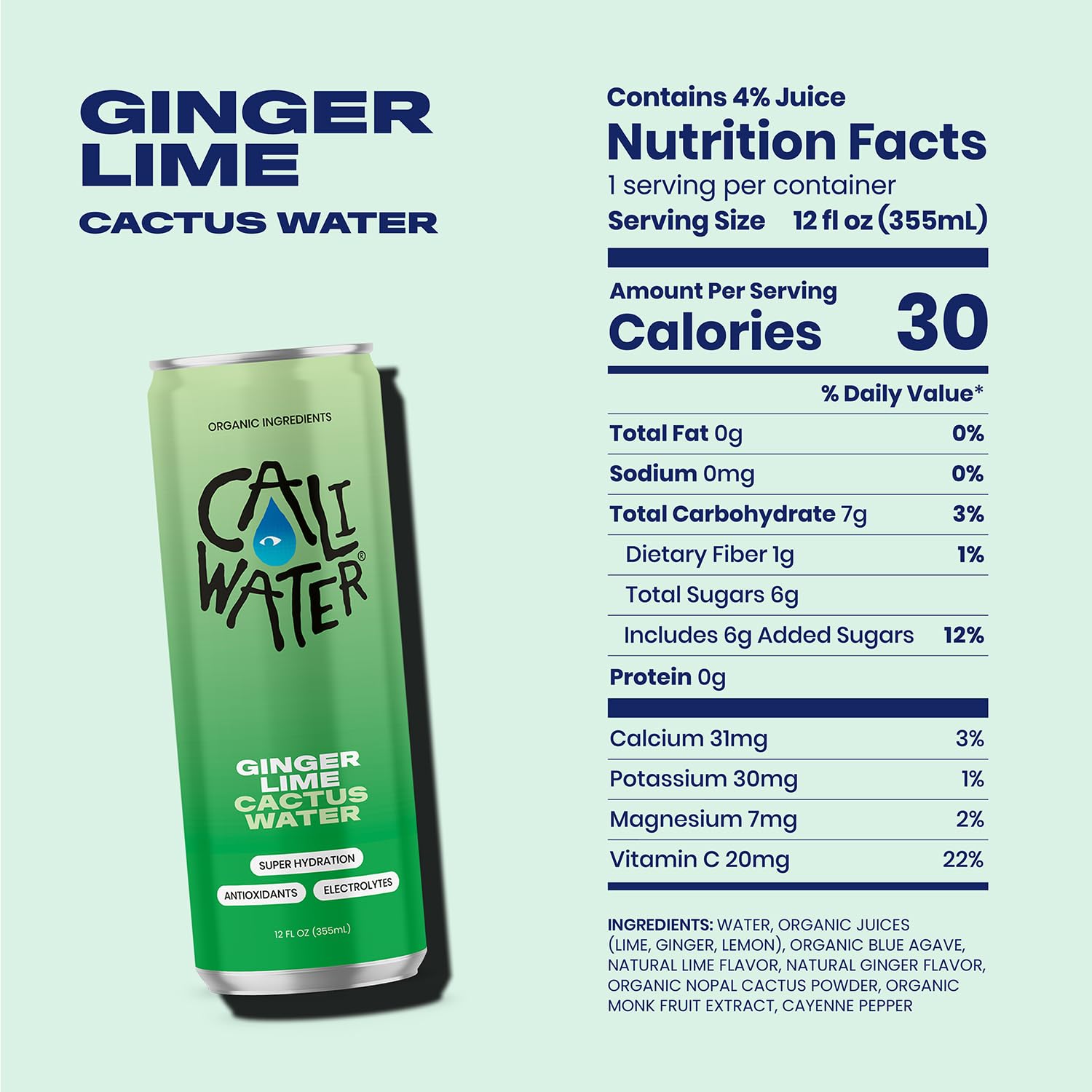 Caliwater - Organic Cactus Water - Ginger and Lime - 5g Sugar, 25 Calories - Coconut Water Alternative - Natural Plant Based Hydration - Skin Care, Electrolyte Drinks - Flavored Water - 12 Cans
