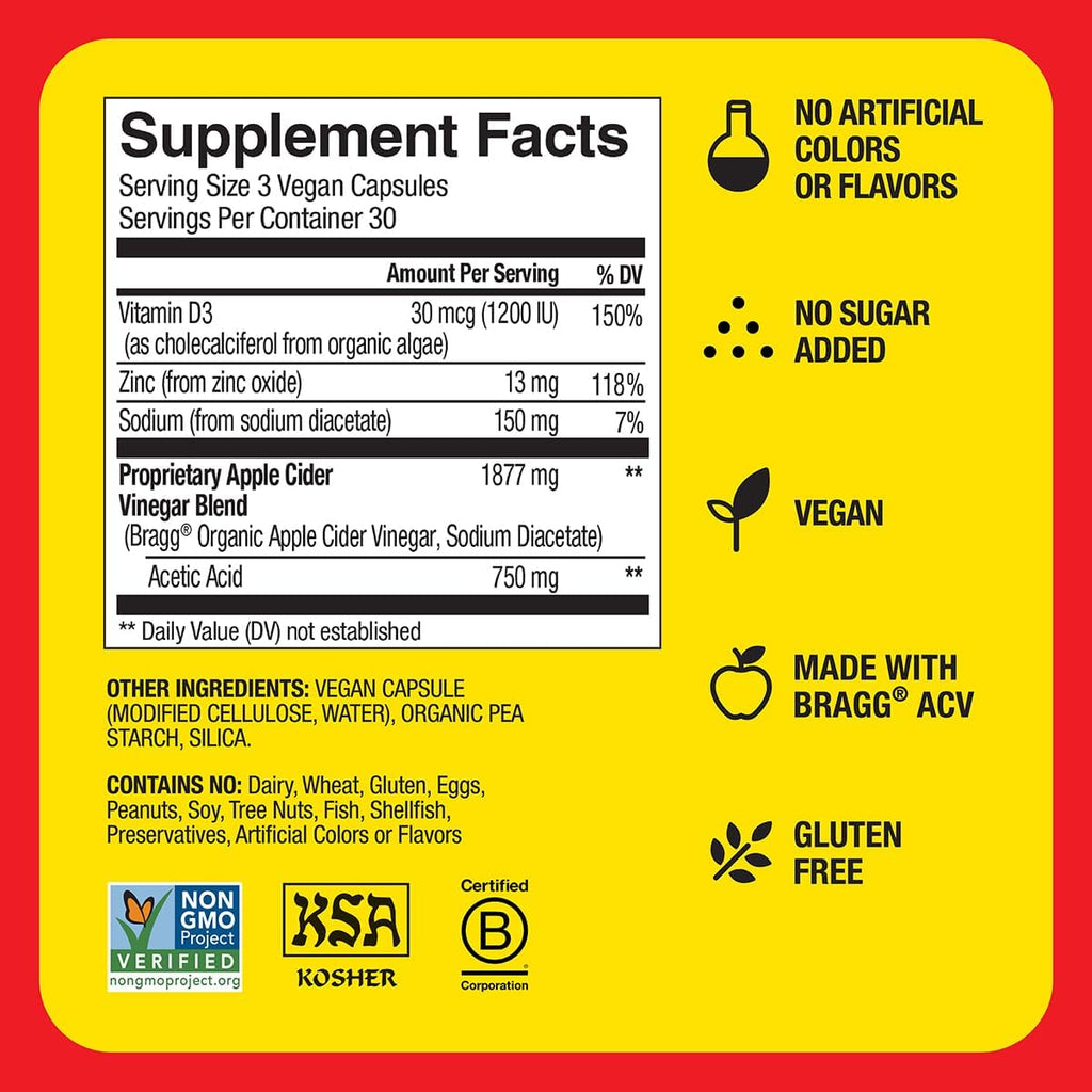 Bragg Apple Cider Vinegar Capsules with Vitamin D and Zinc - (2 Pack) 90 Capsules - Supports The Immune System