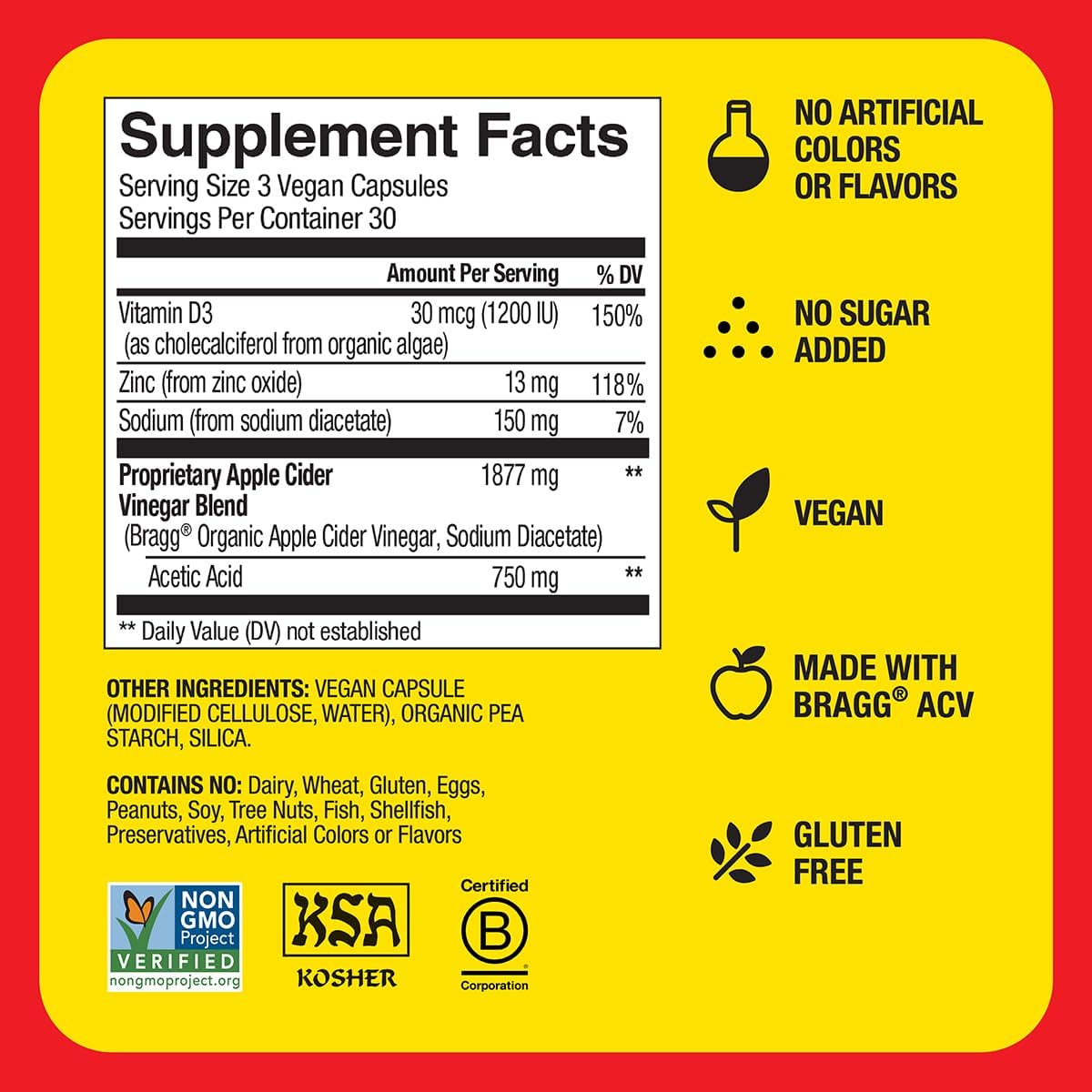 Bragg Apple Cider Vinegar Capsules with Vitamin D and Zinc - (2 Pack) 90 Capsules - Supports The Immune System