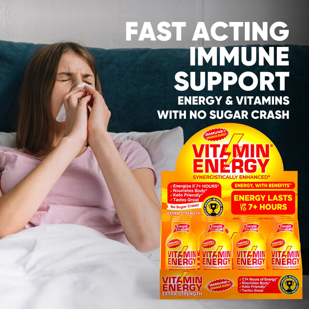 Vitamin Energy Immune+ Extra Strength Energy Shot Orange Burst 12 Pack, 260mg Natural Caffeine, B-Vitamins, Citicoline, Green Tea, Immunity & Focus Support, Zero Sugar, Gluten-Free 1.93 fl oz